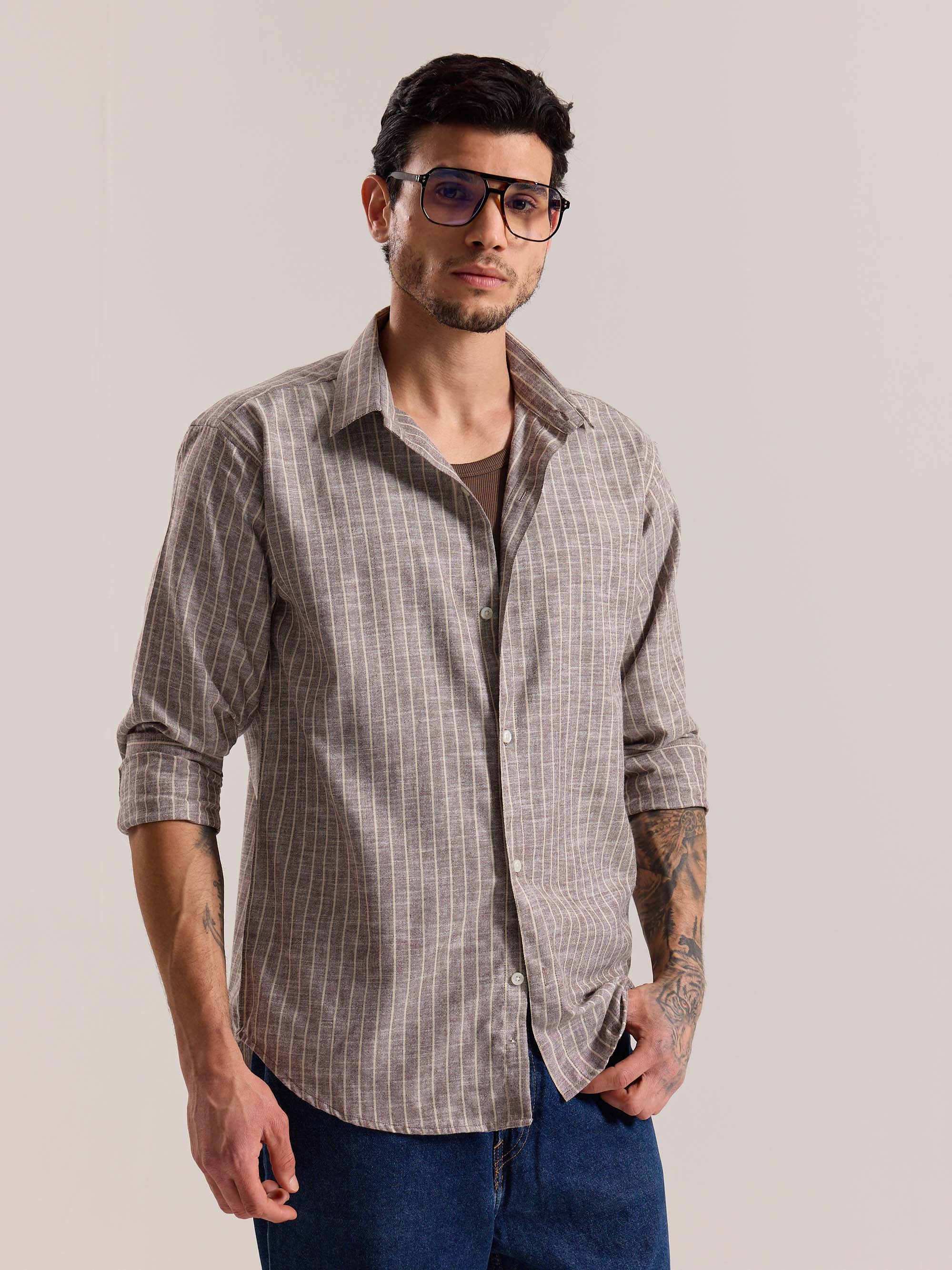 Brown Striped Linen-blend Shirt - Image 5