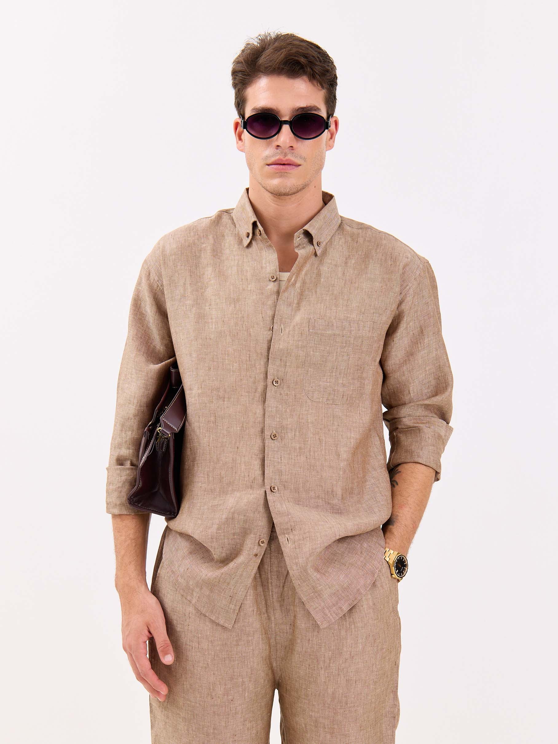 Brown Textured Irish Linen Shirt - Image 2