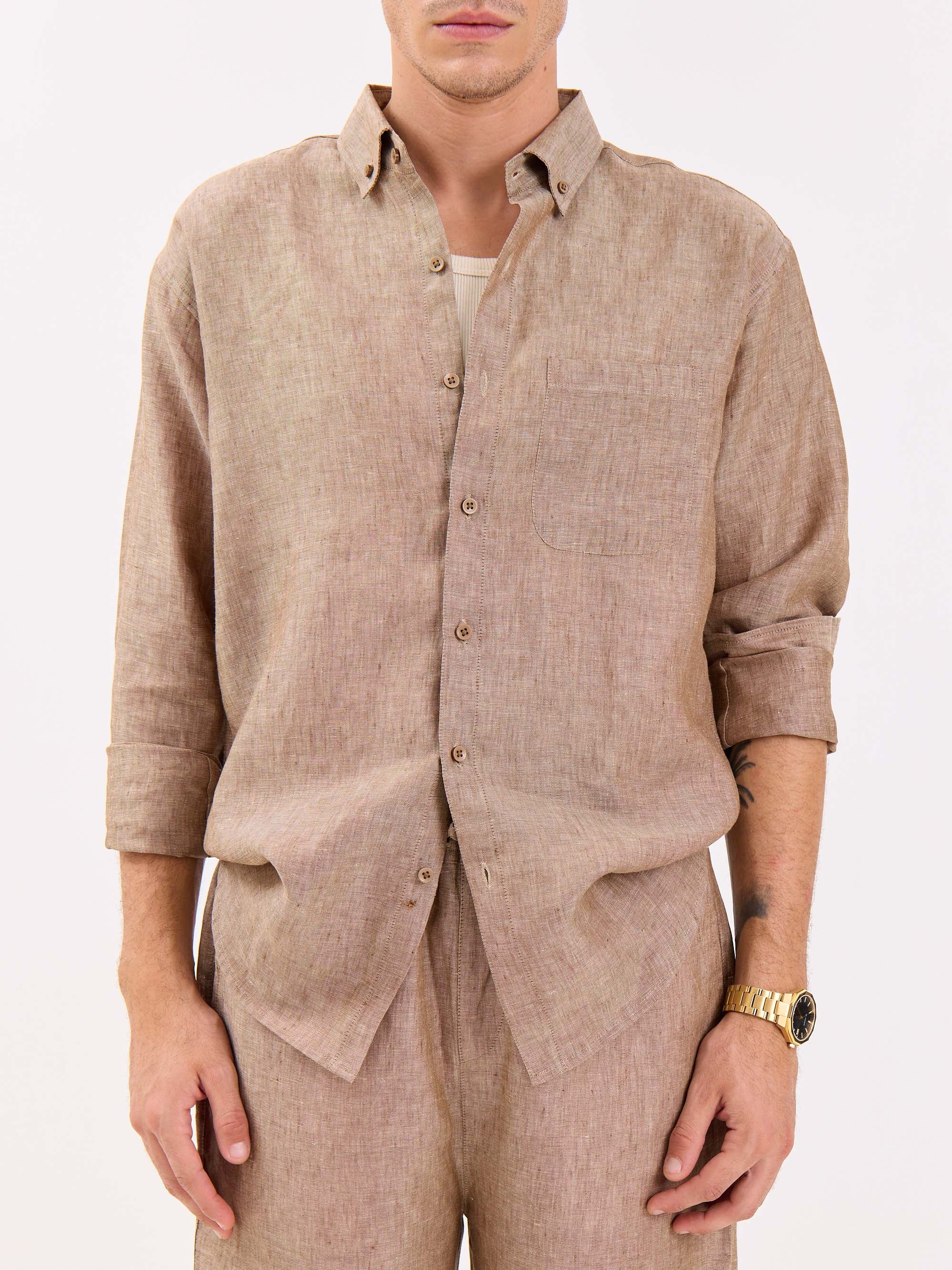 Brown Textured Irish Linen Shirt - Image 3