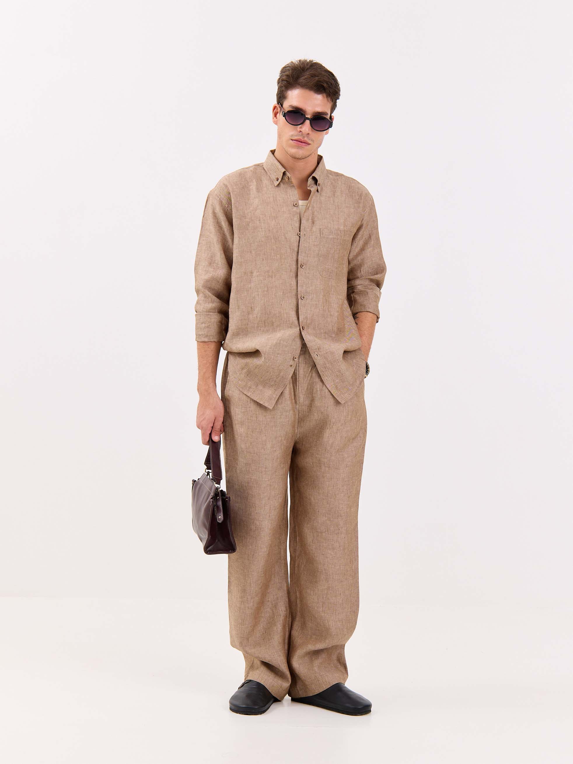 Brown Textured Irish Linen Shirt - Image 4