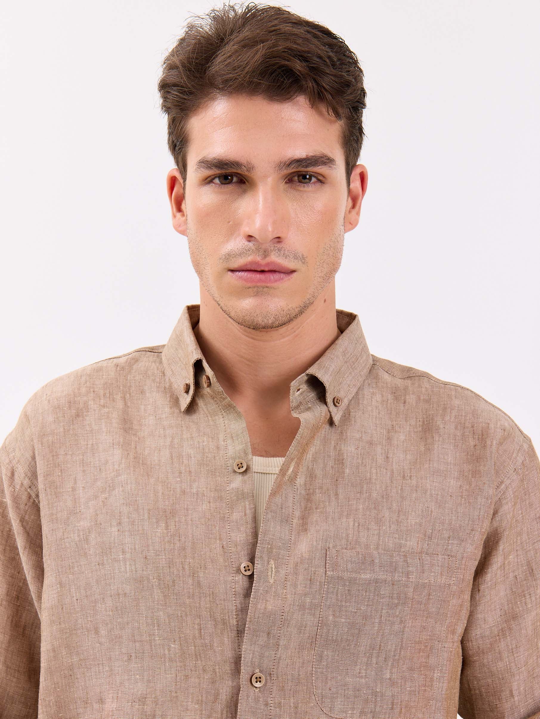 Brown Textured Irish Linen Shirt - Image 5