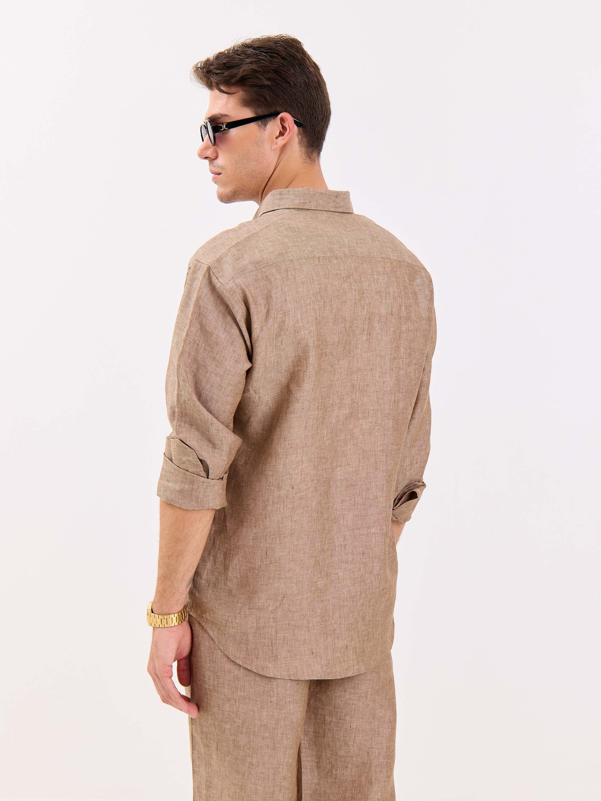 Brown Textured Irish Linen Shirt - Image 7
