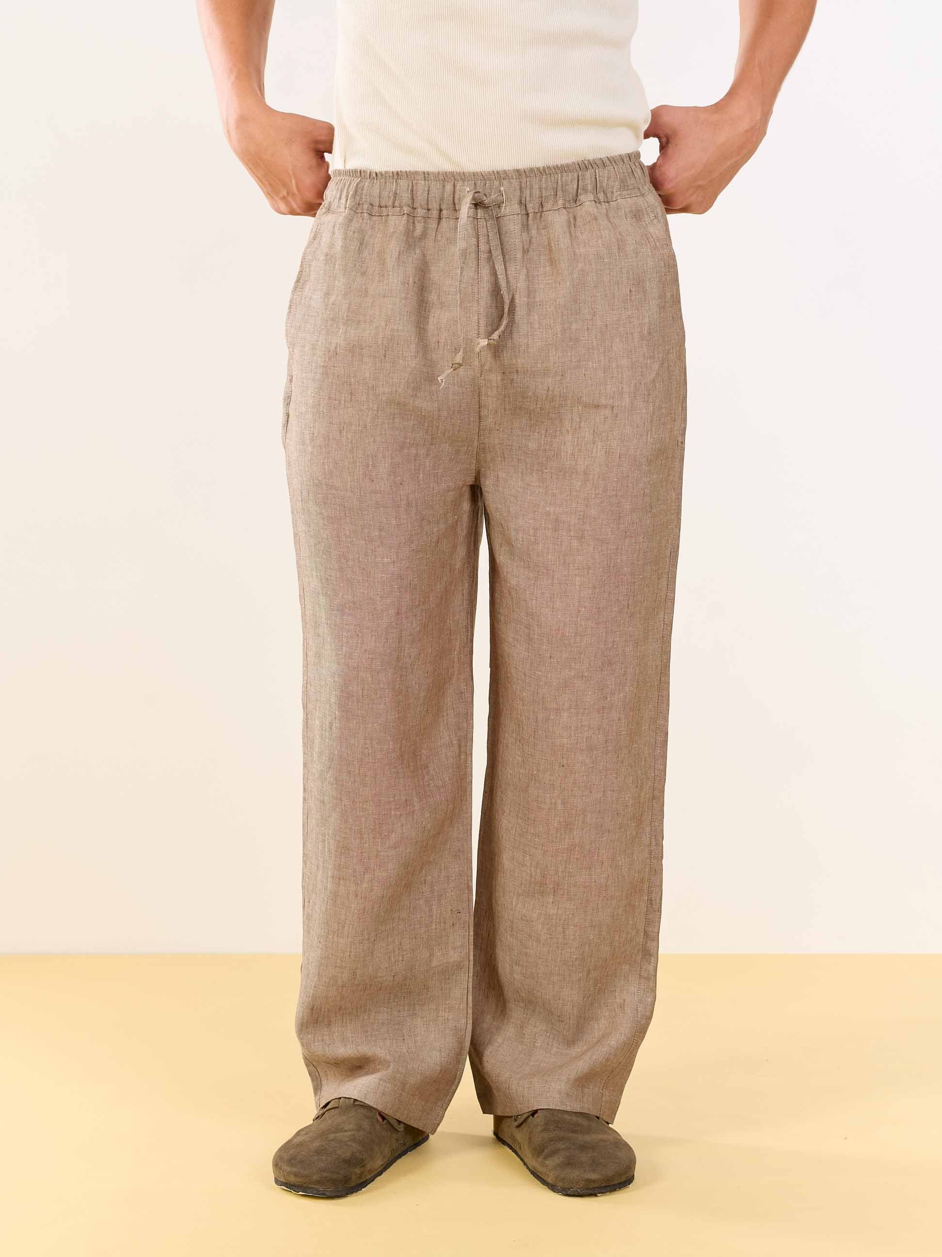 Brown Textured Linen Pull-on Pants - Image 2
