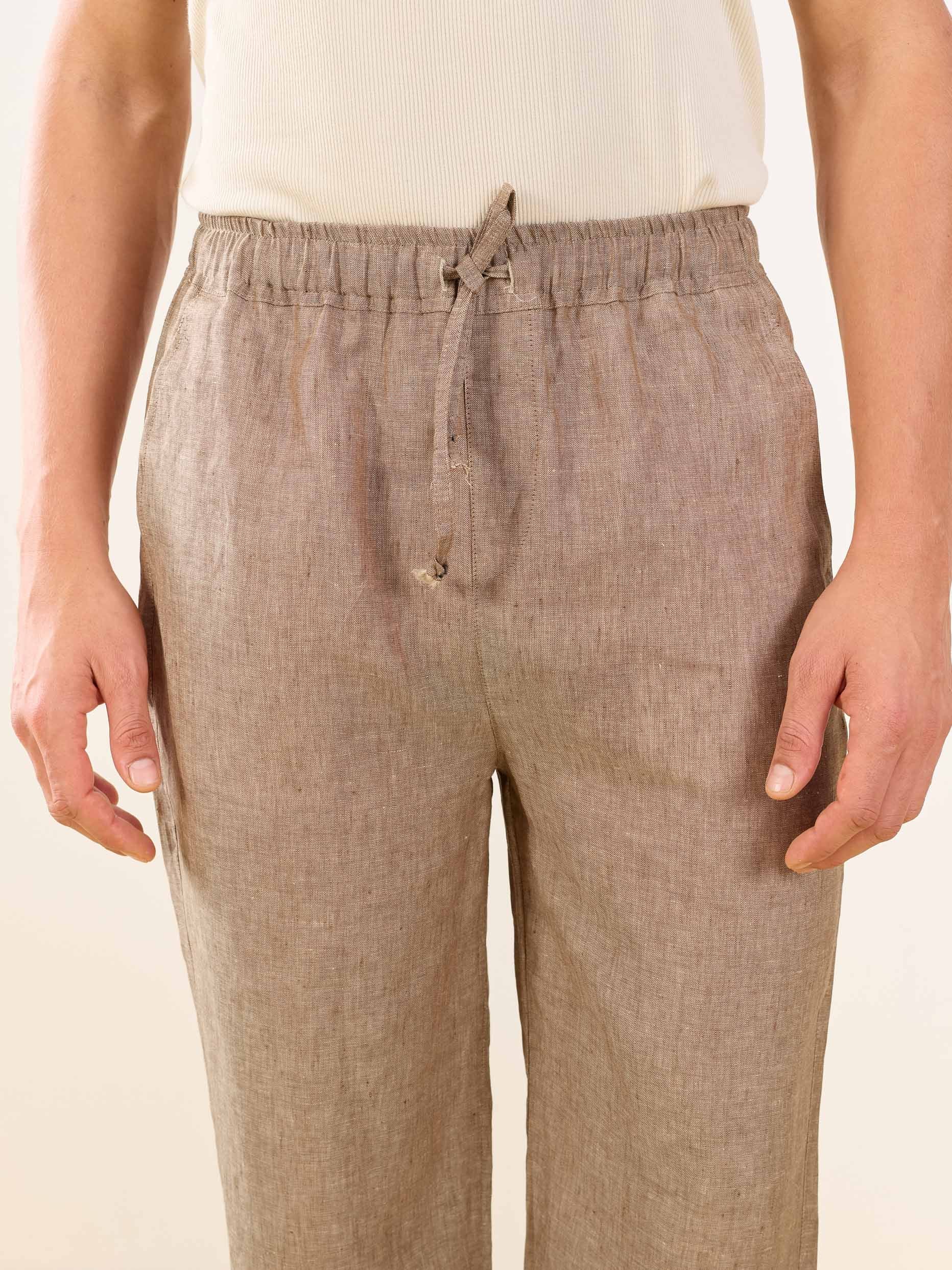 Brown Textured Linen Pull-on Pants - Image 3