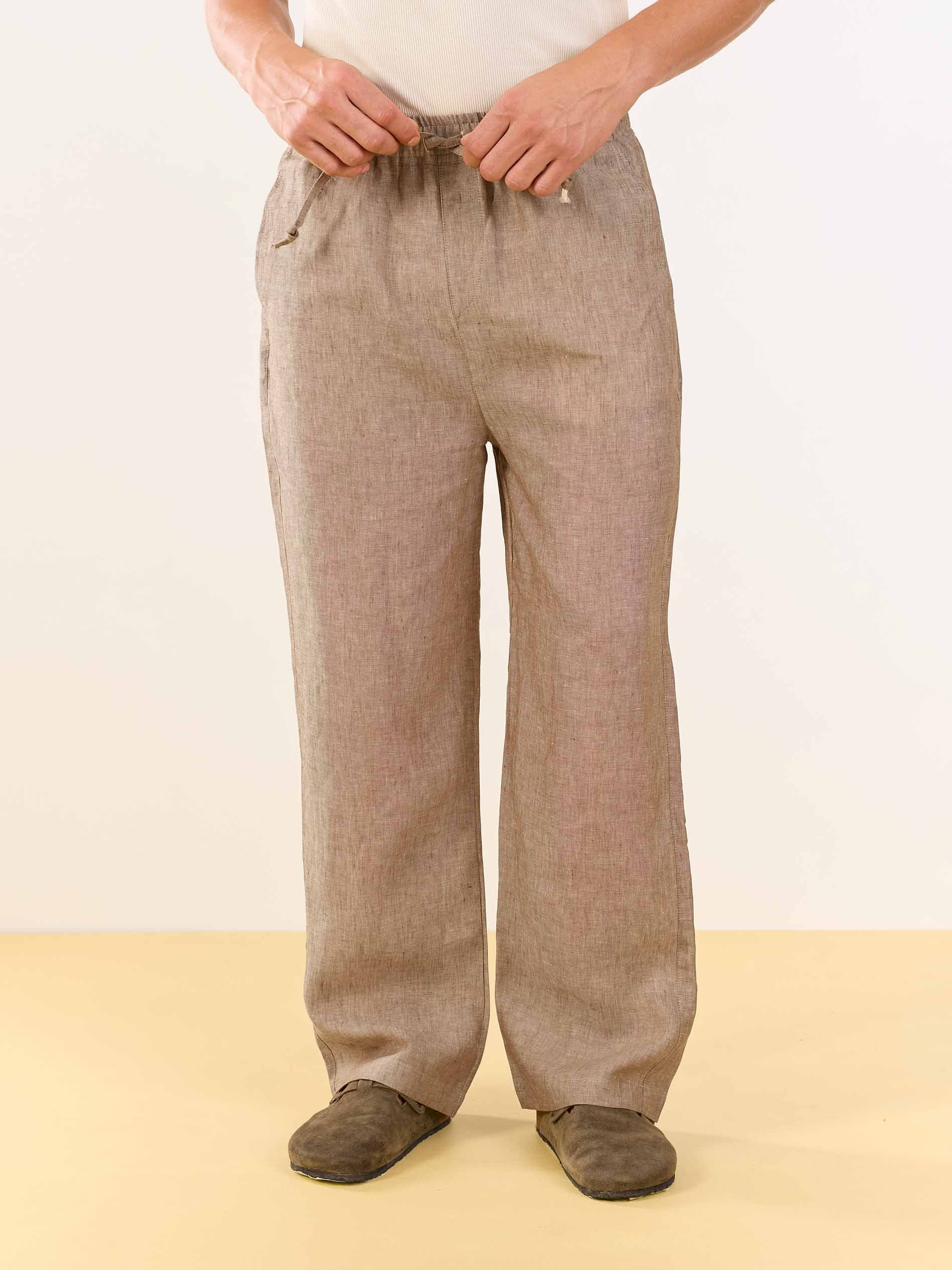 Brown Textured Linen Pull-on Pants - Image 4