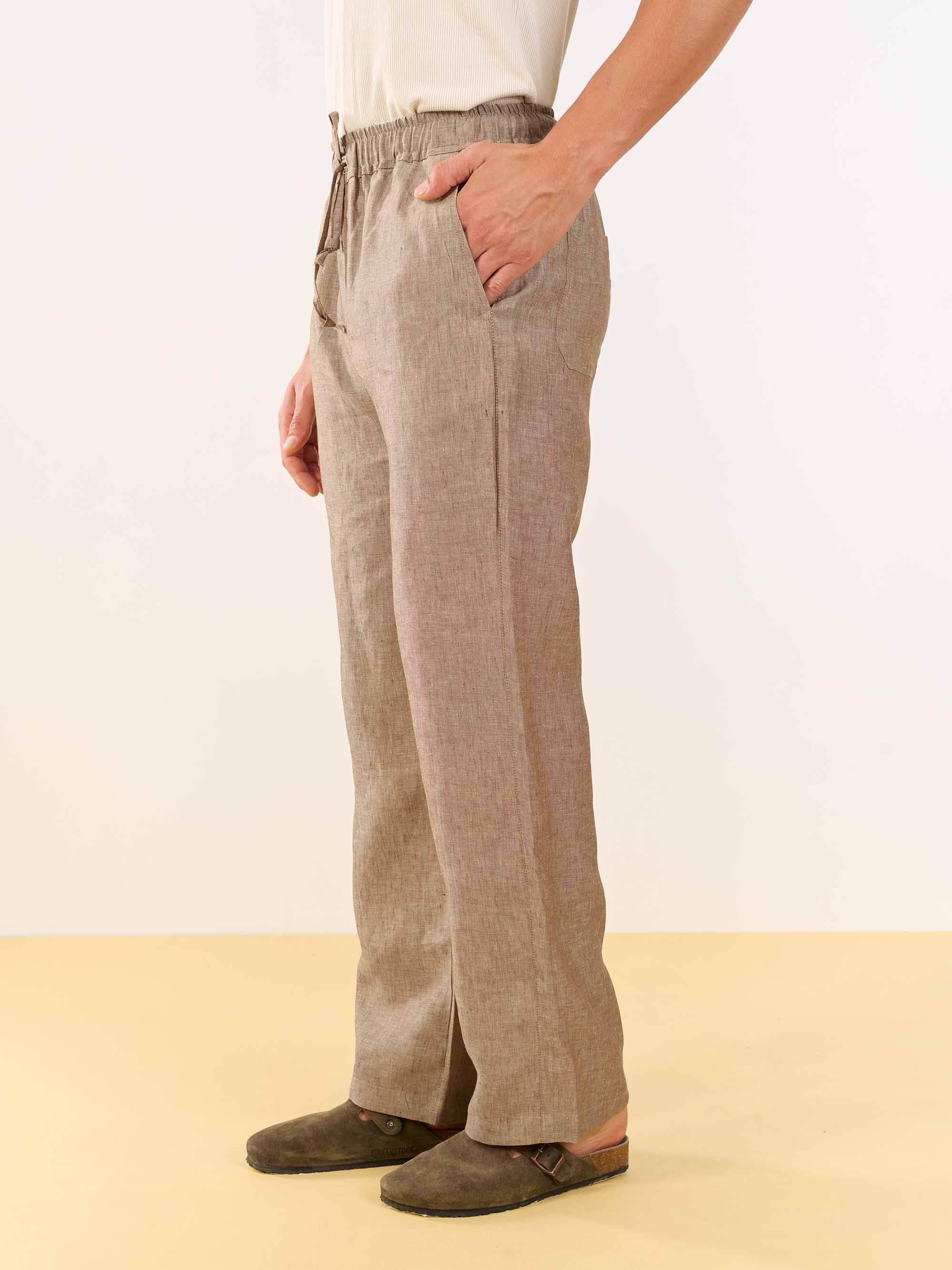 Brown Textured Linen Pull-on Pants - Image 5
