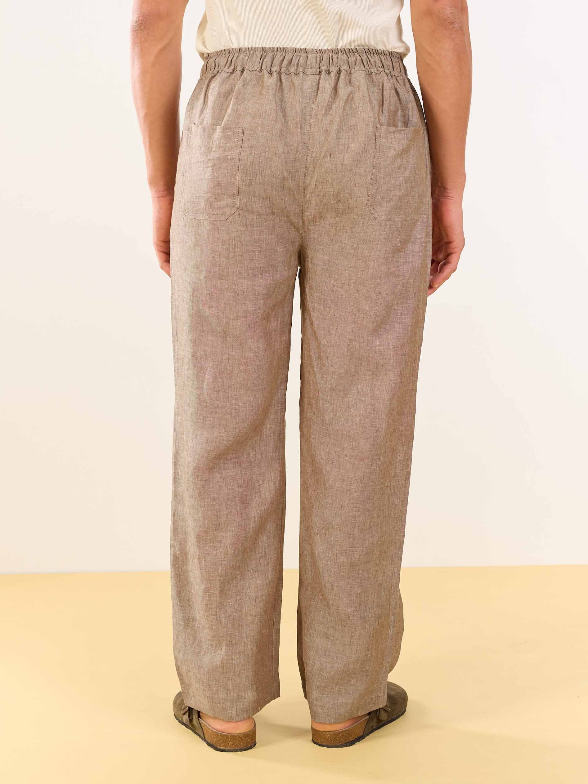 Brown Textured Linen Pull-on Pants - Image 6