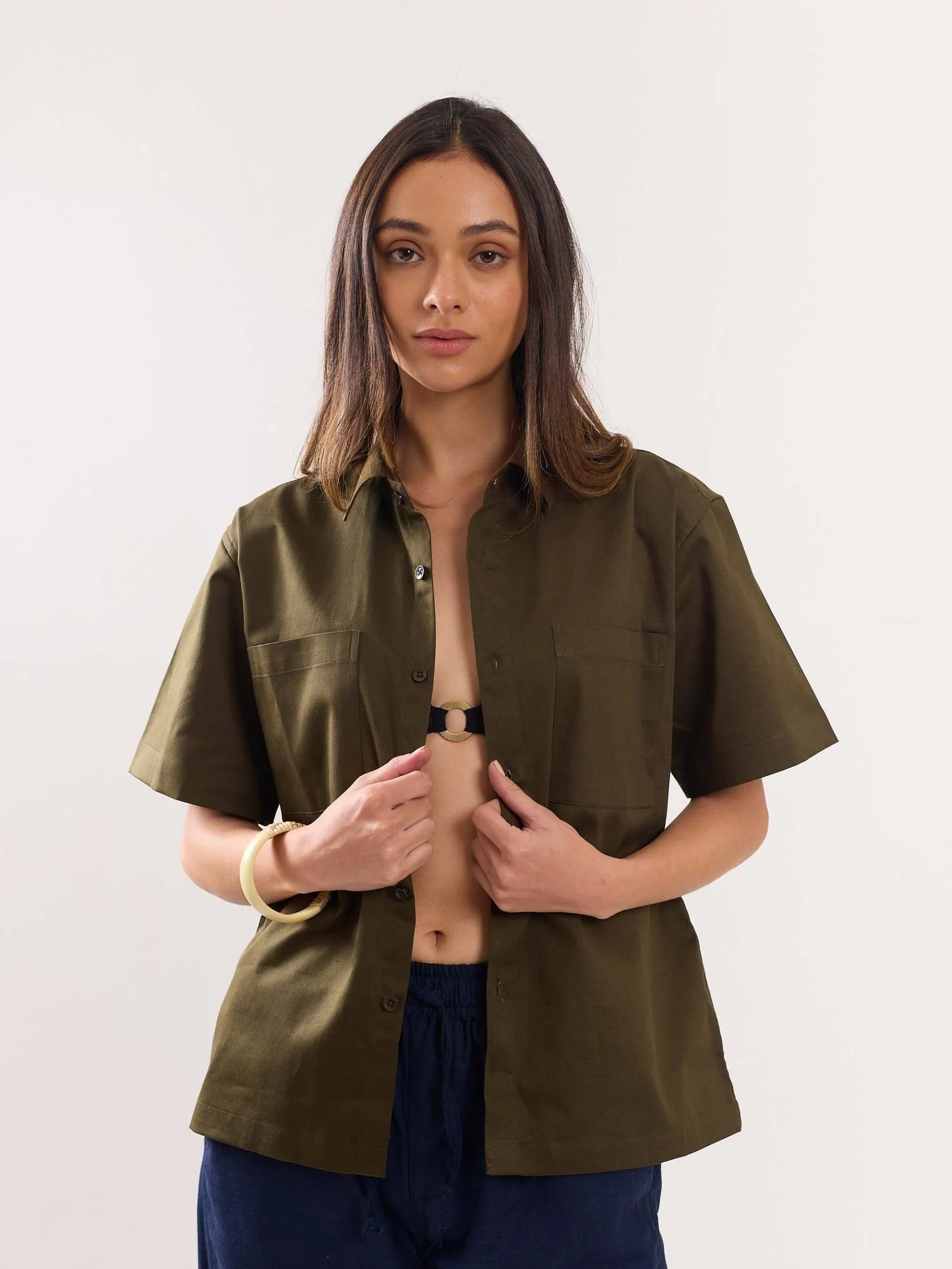 Brown Twill Cropped Shirt - Image 3