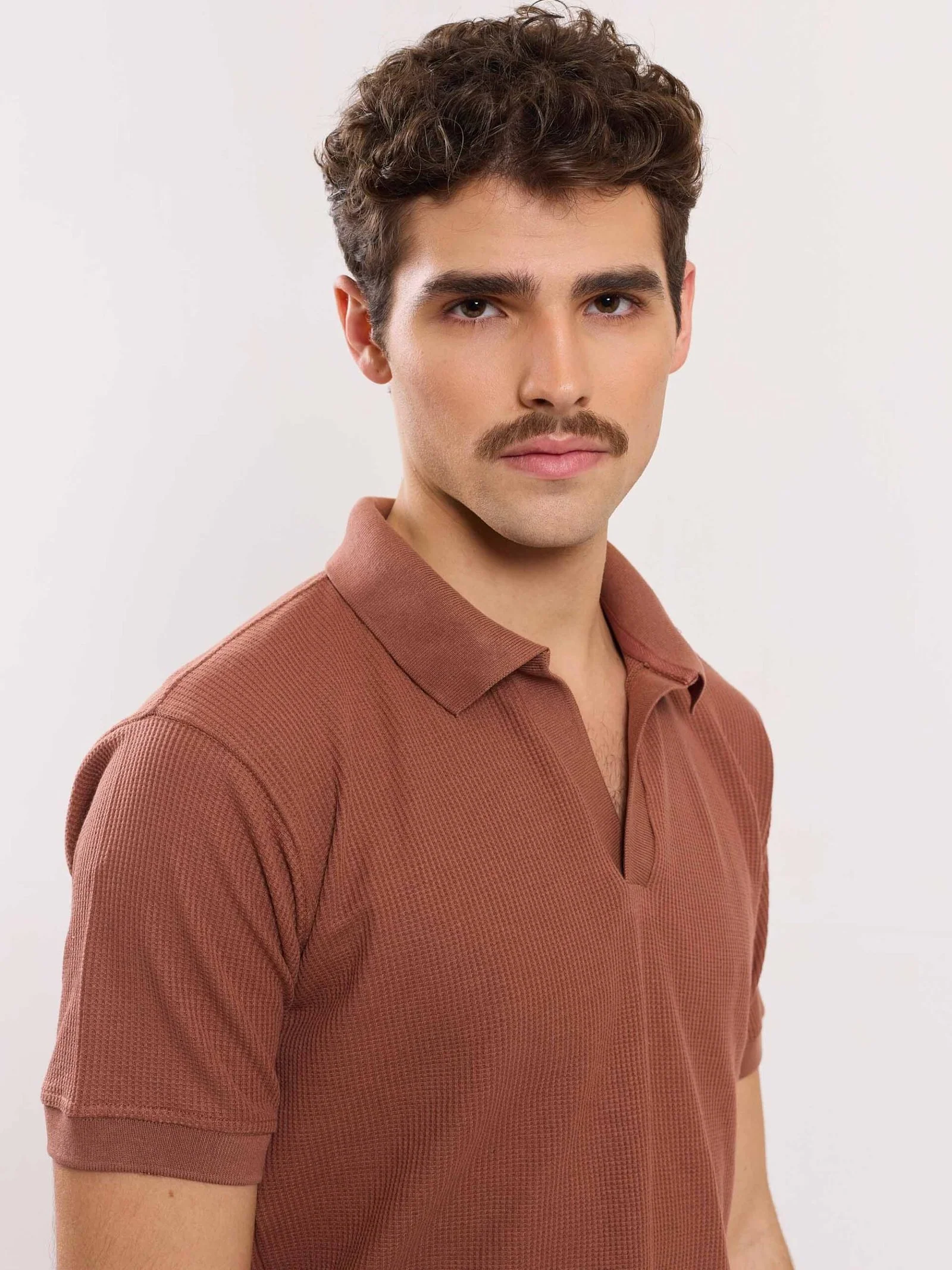 Brown Waffle Knit Polo T-shirt - Image 3
