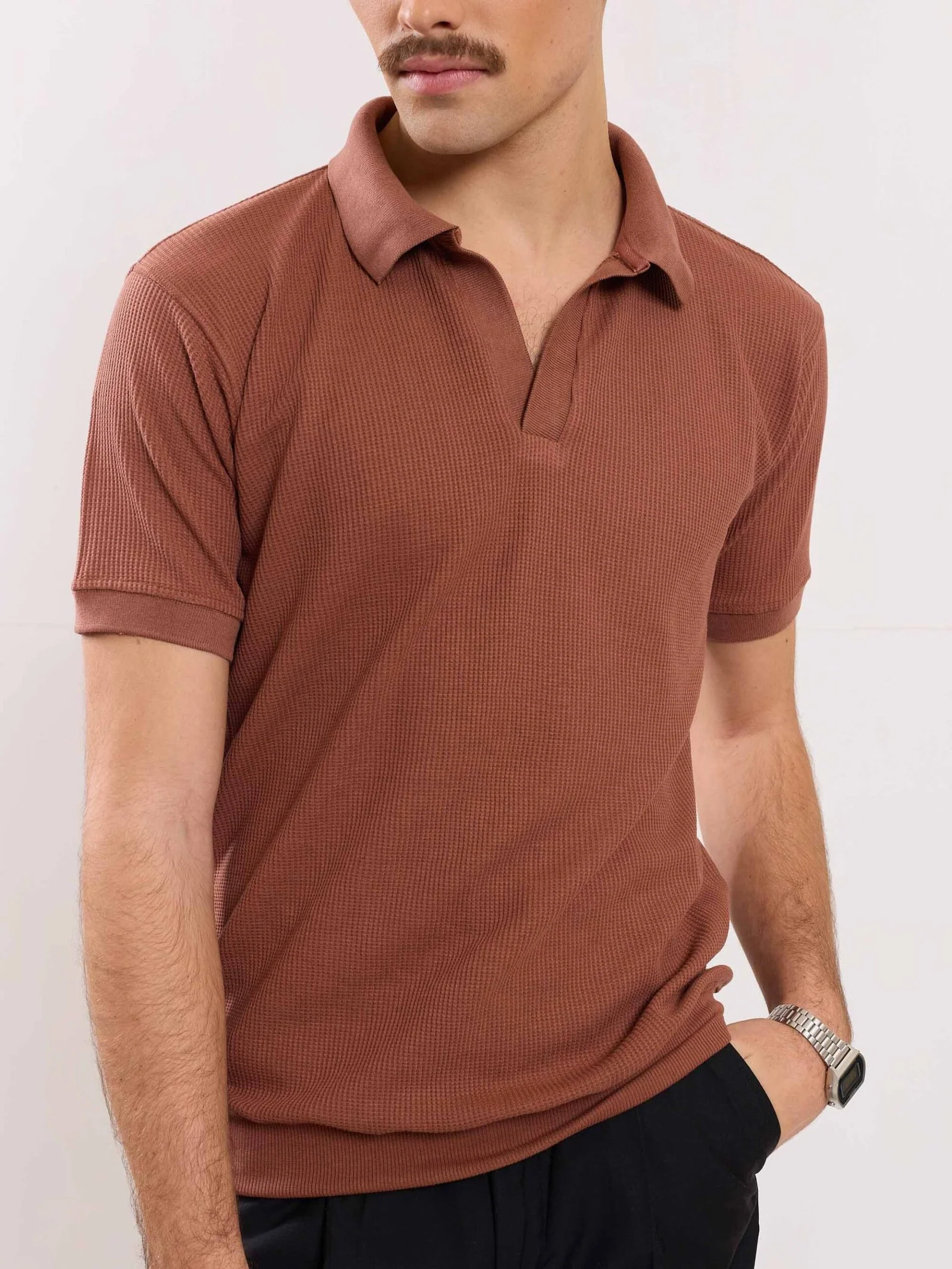 Brown Waffle Knit Polo T-shirt - Image 4