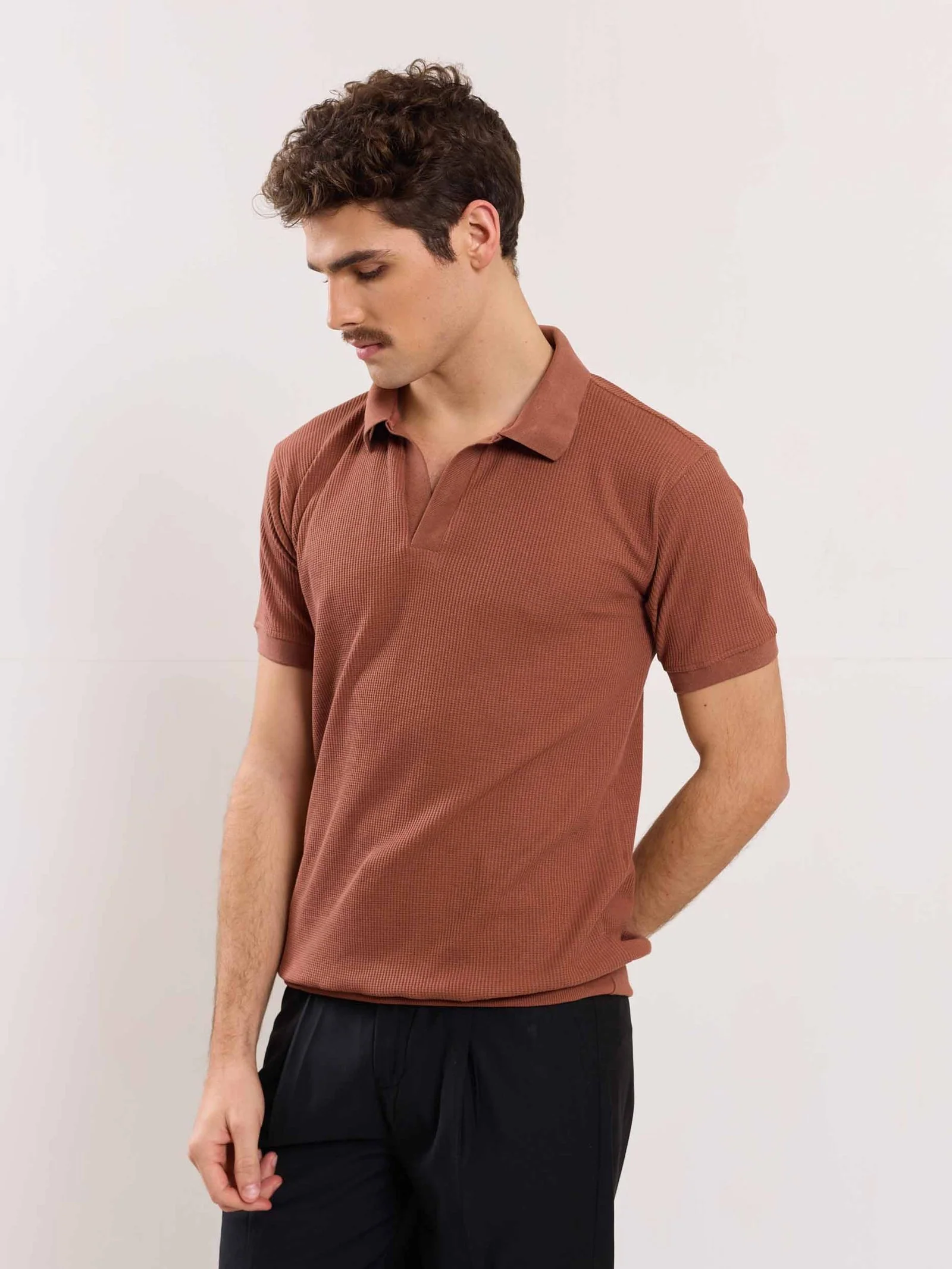 Brown Waffle Knit Polo T-shirt - Image 5