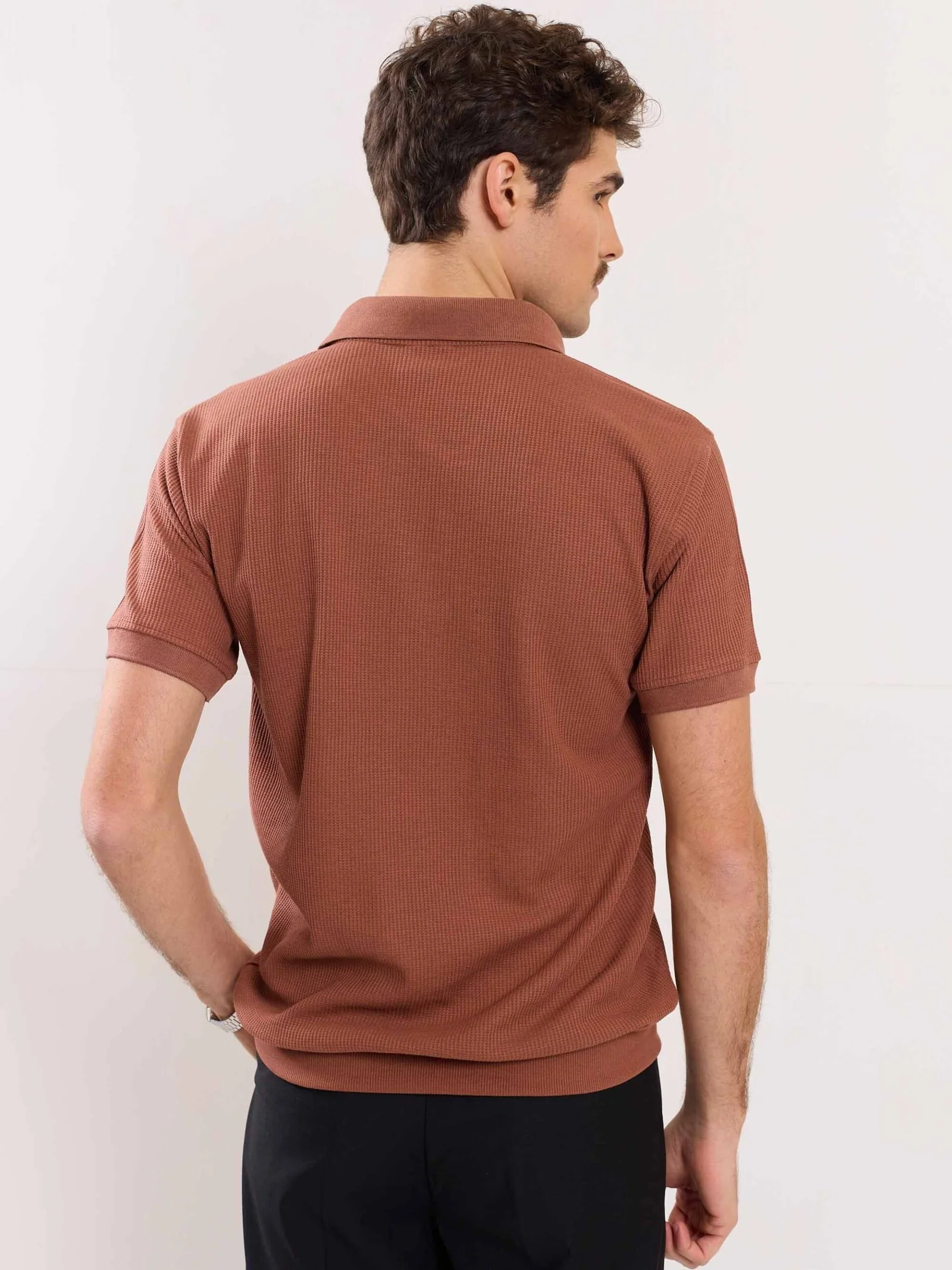 Brown Waffle Knit Polo T-shirt - Image 6