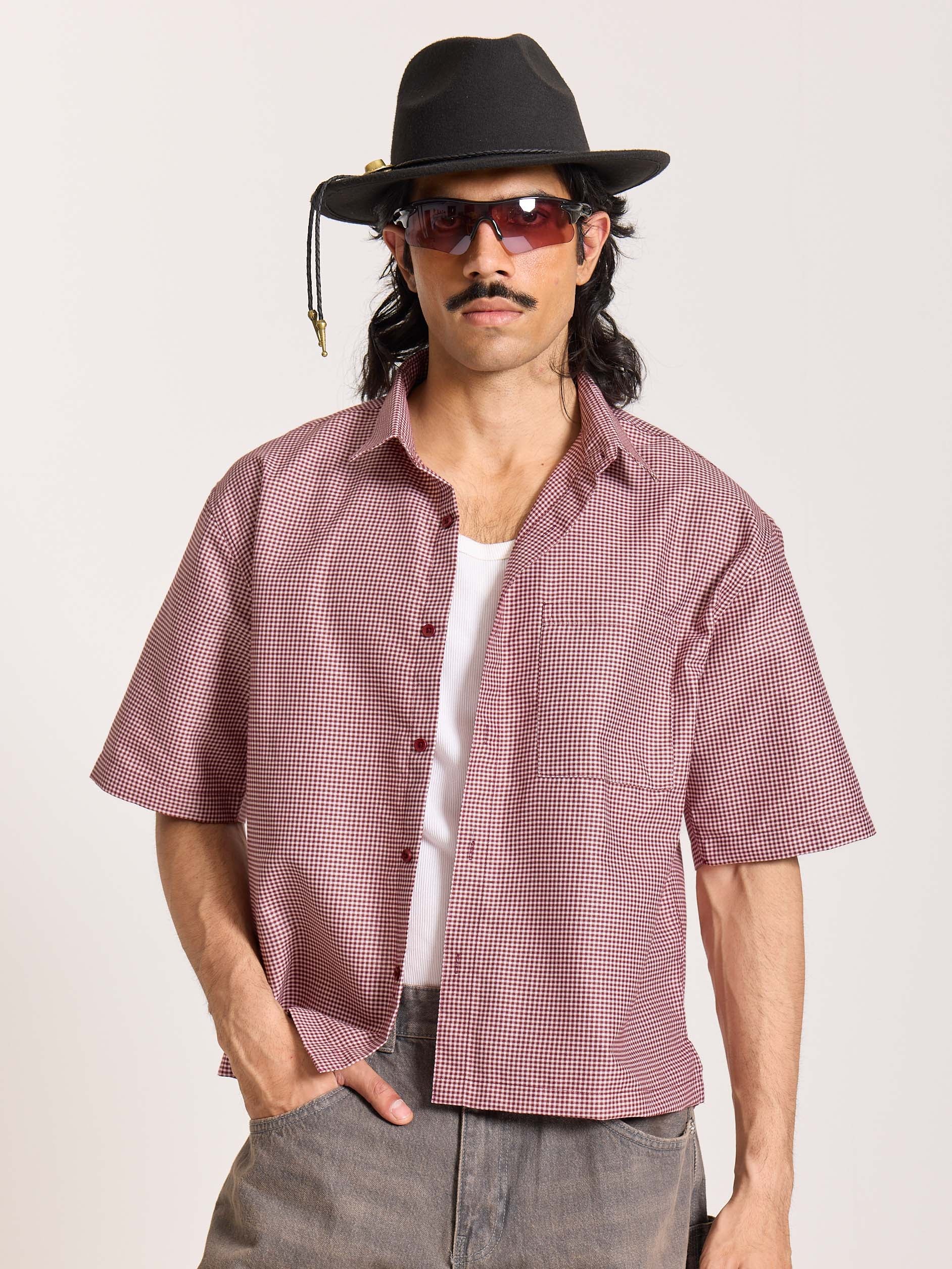Burgundy Checkered Cropped Shirt - Image 3