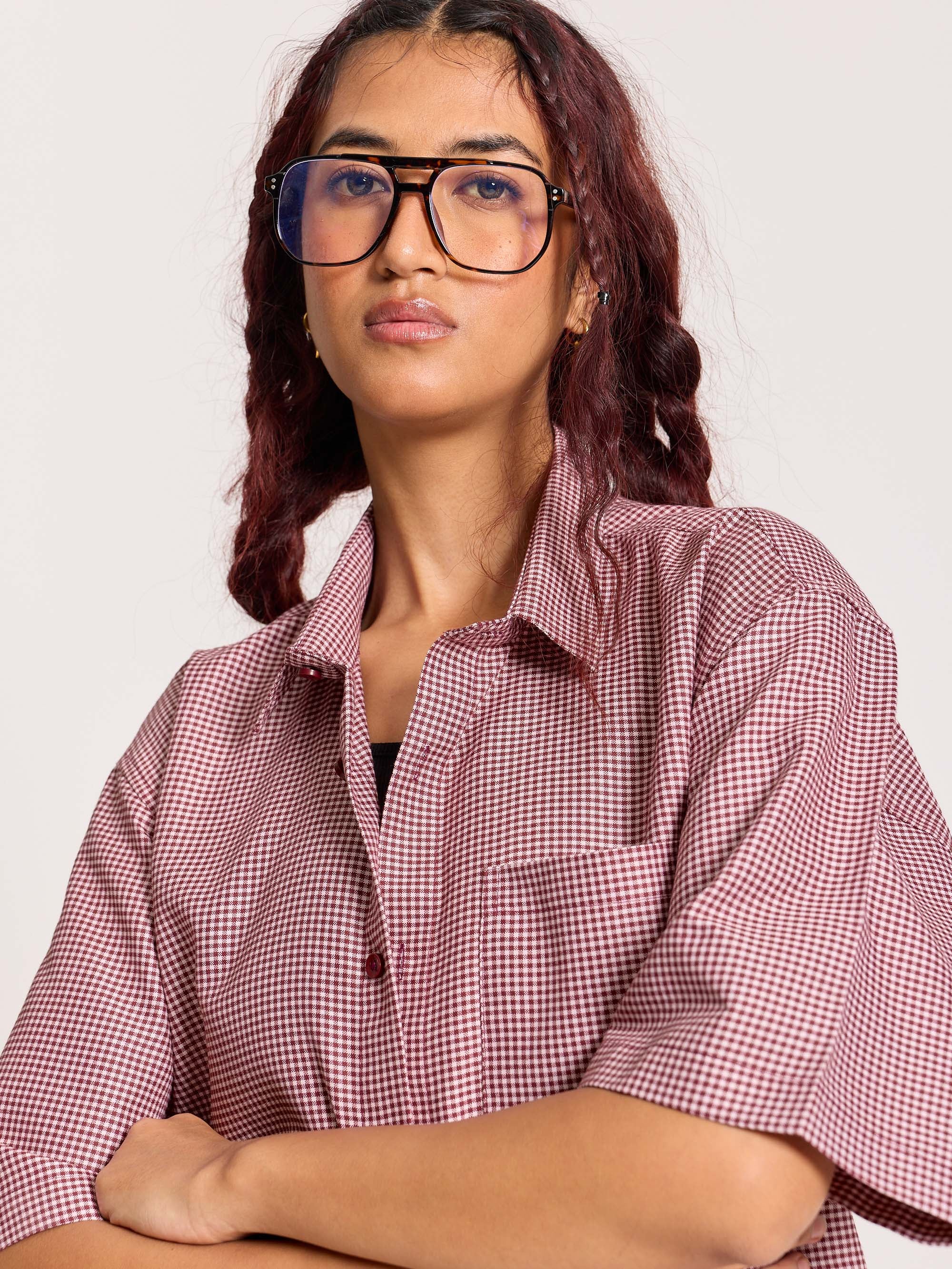 Burgundy Checkered Cropped Shirt - Image 5