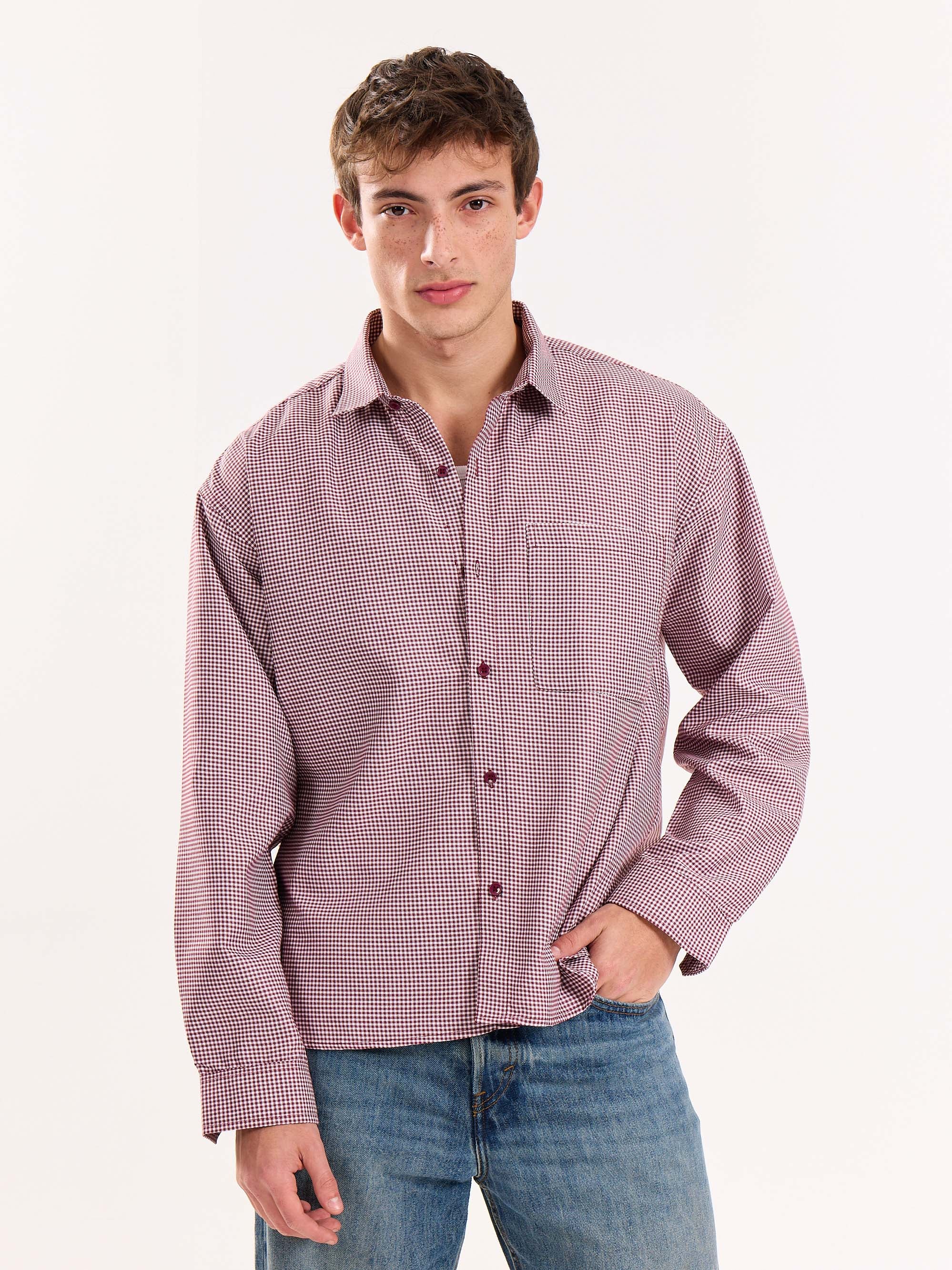 Burgundy Checkered Oversized Cropped Shirt - Image 2