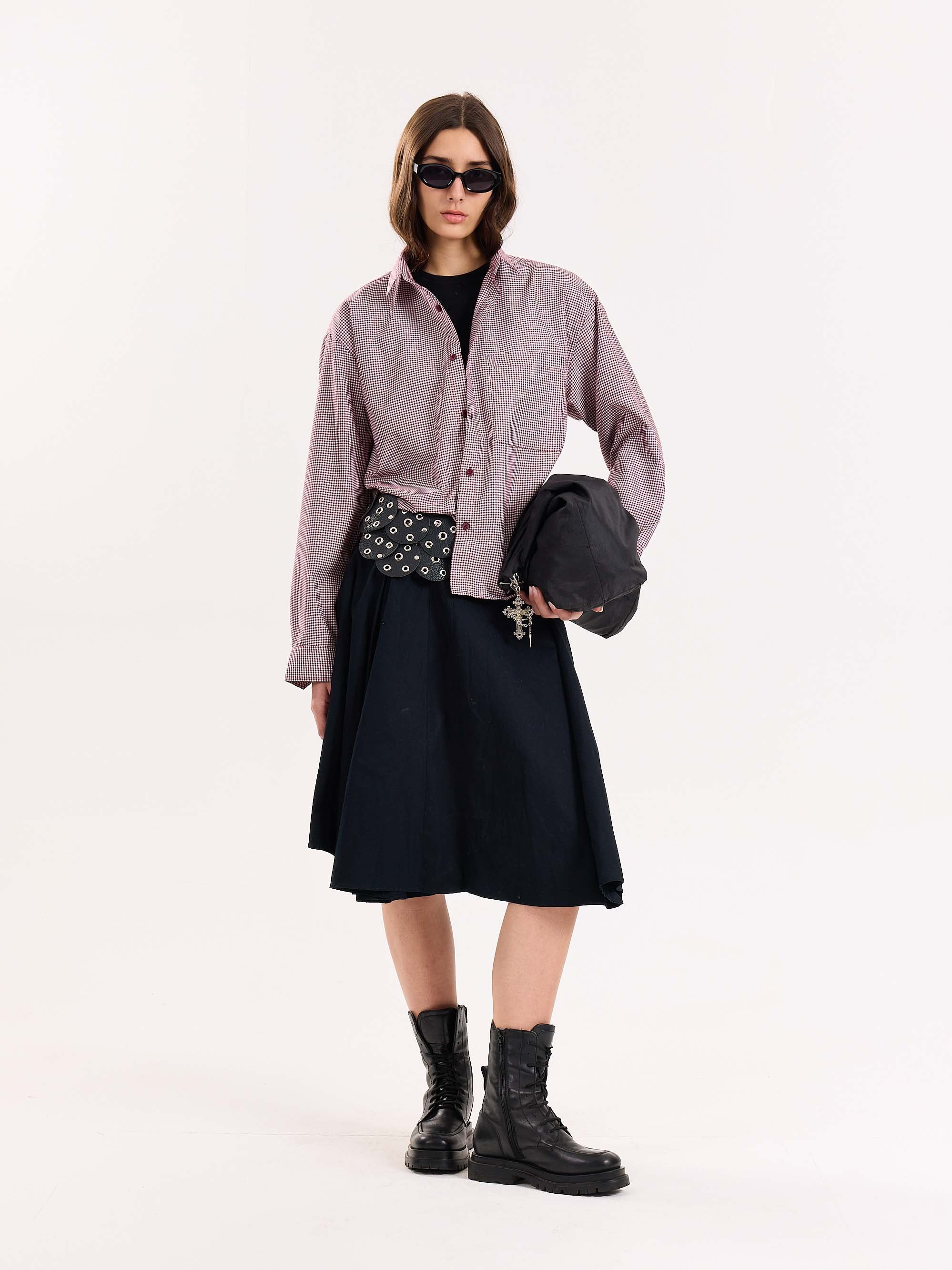 Burgundy Checkered Oversized Cropped Shirt - Image 3