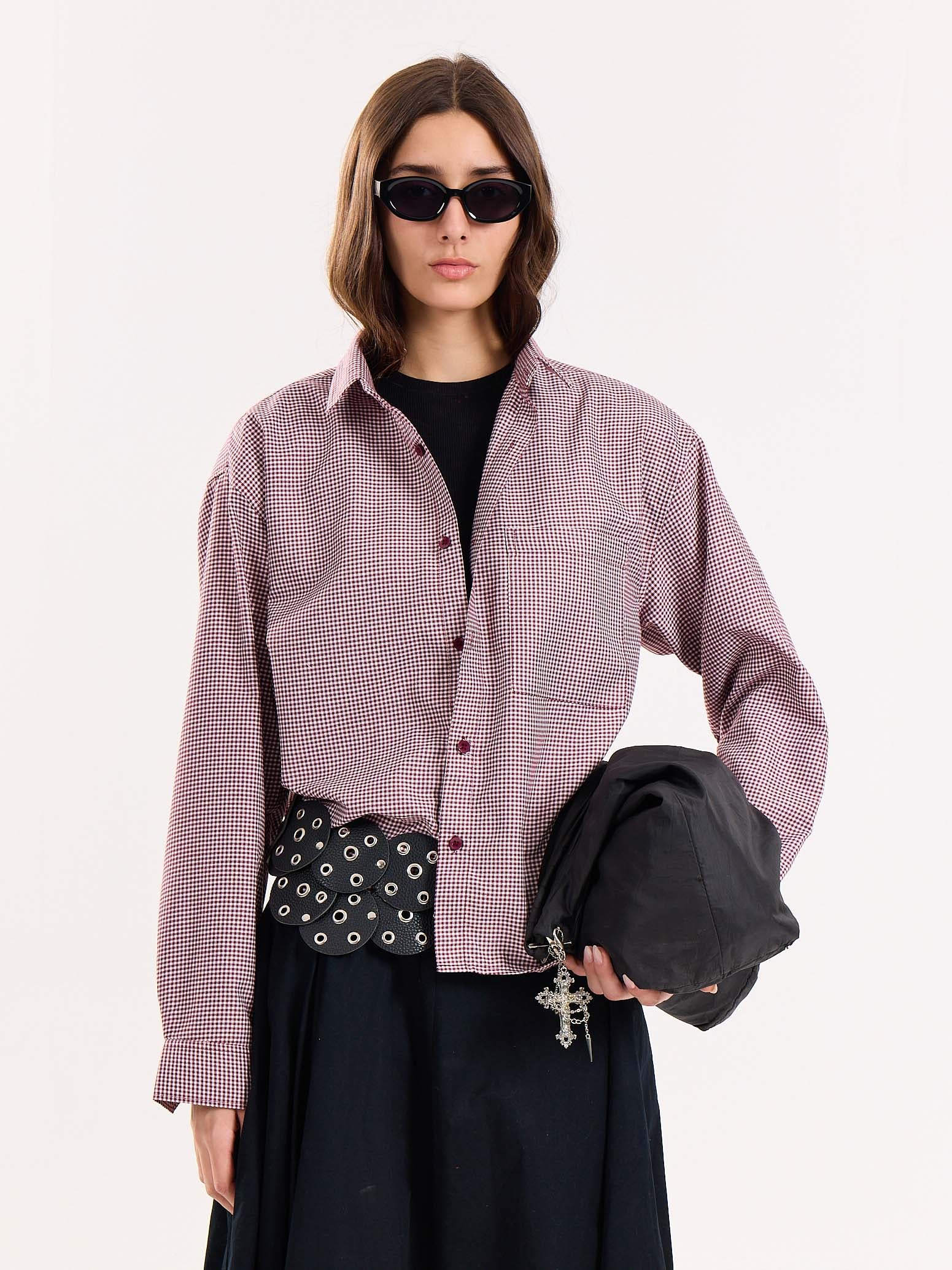 Burgundy Checkered Oversized Cropped Shirt - Image 4