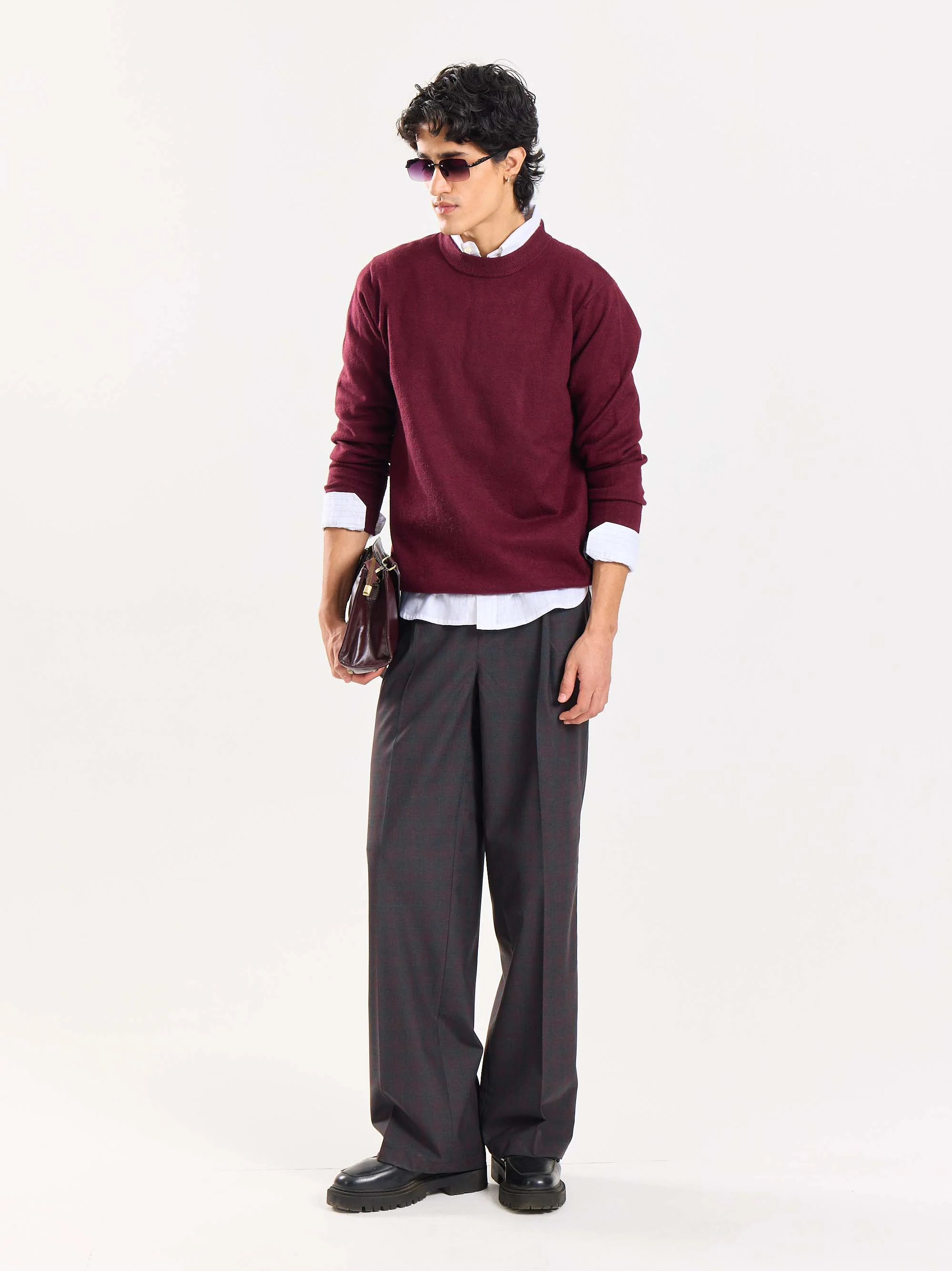 Burgundy & Grey Checked Baggy Fit Trousers - Image 4
