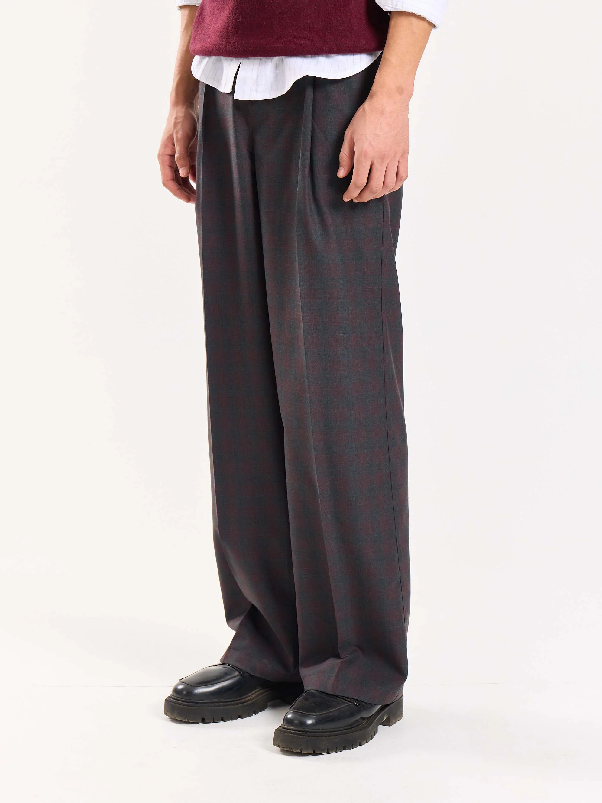 Burgundy & Grey Checked Baggy Fit Trousers - Image 5