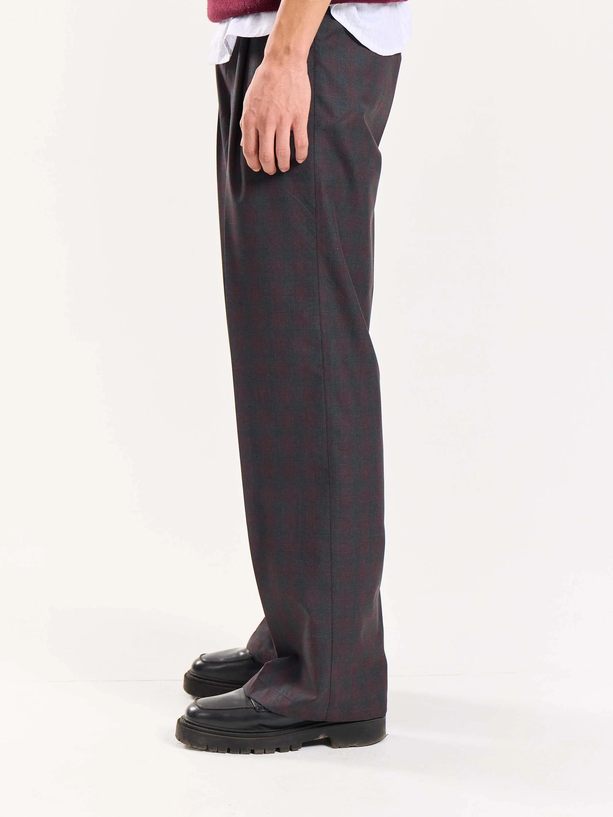 Burgundy & Grey Checked Baggy Fit Trousers - Image 6