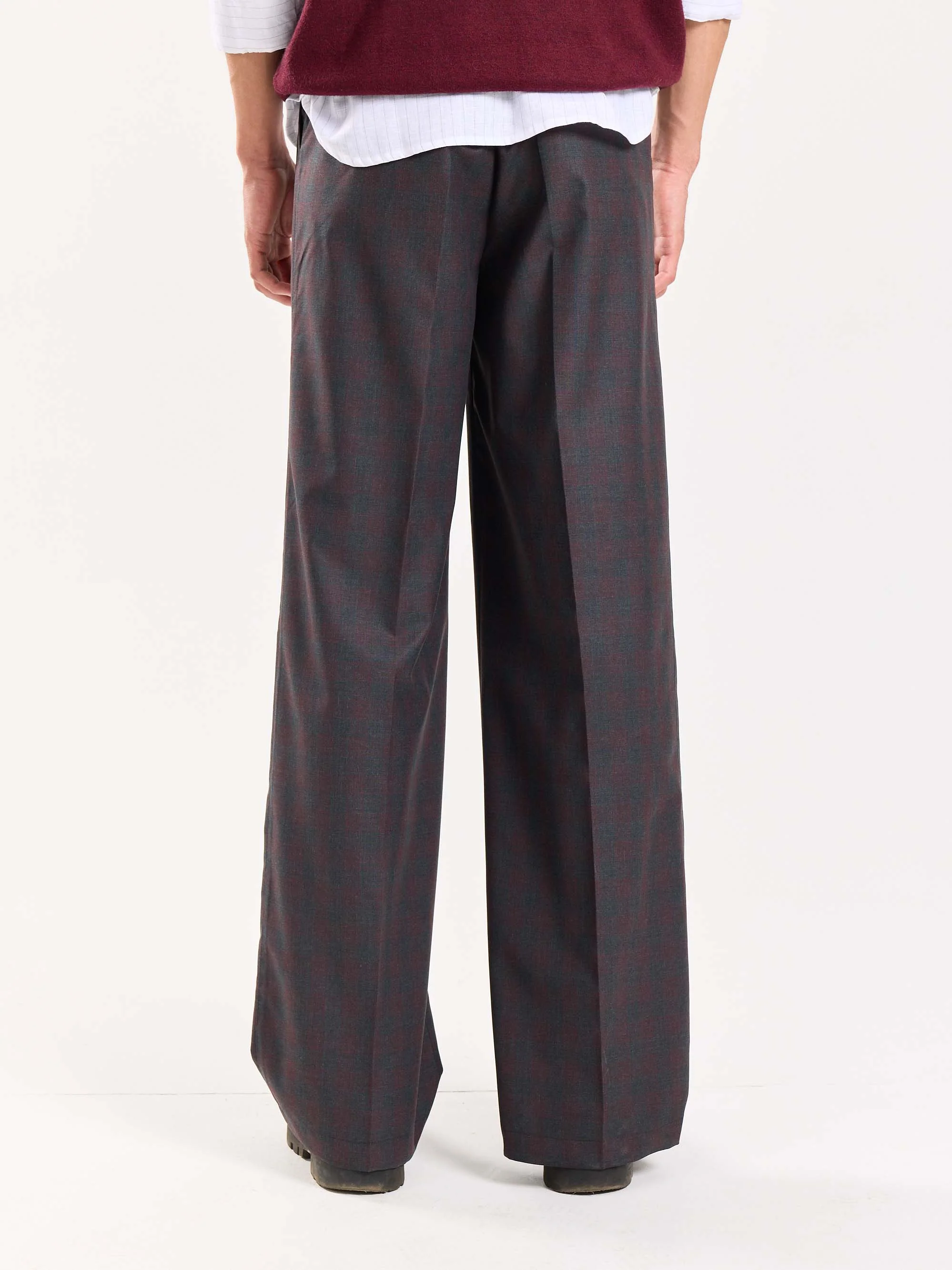 Burgundy & Grey Checked Baggy Fit Trousers - Image 7