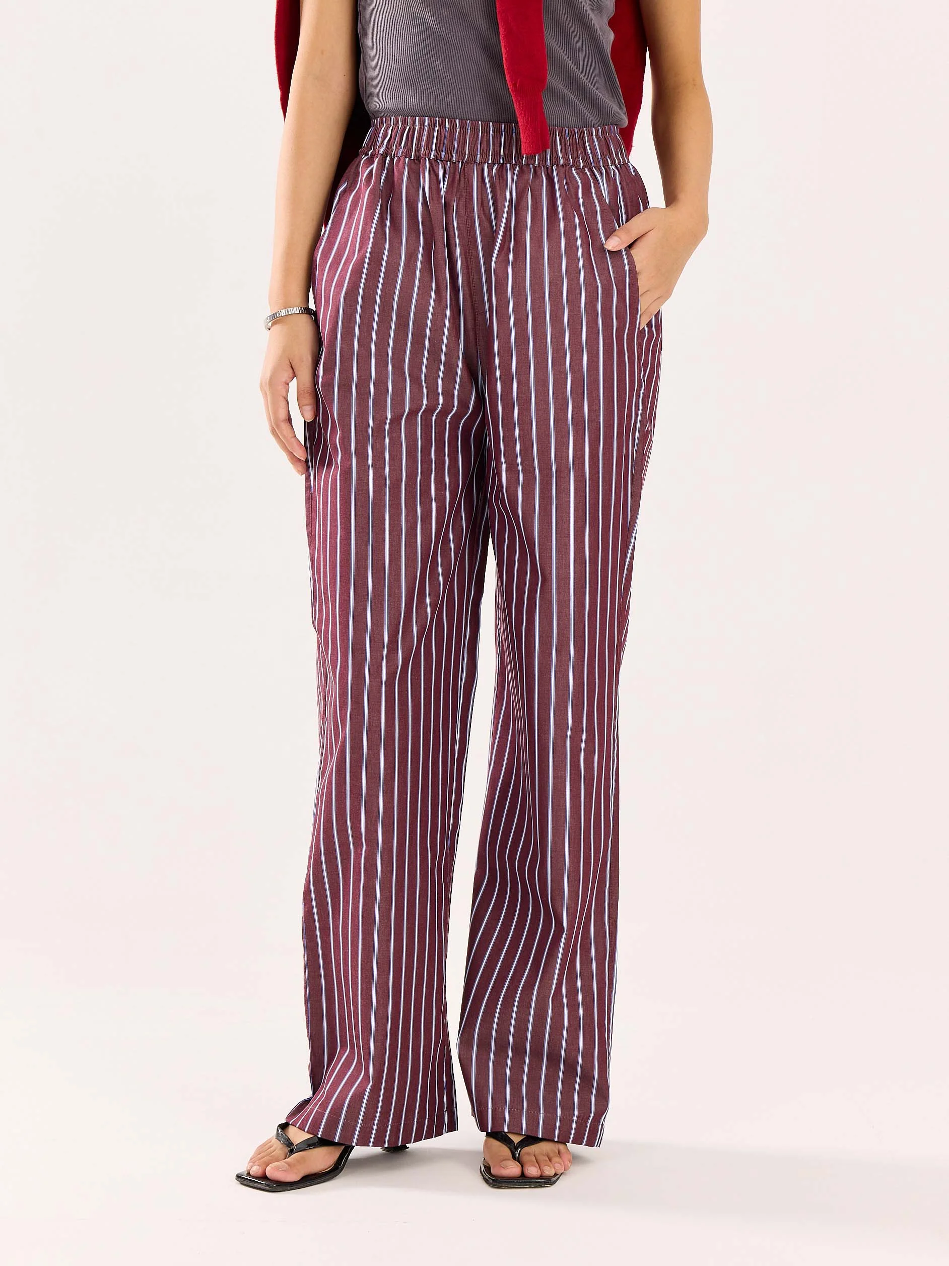 Burgundy Striped Poplin Pull-on Pants - Image 4