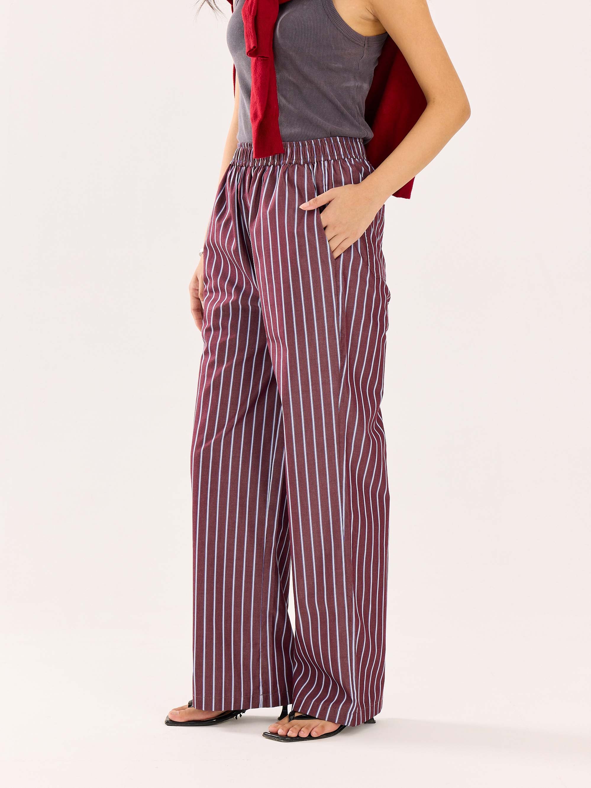 Burgundy Striped Poplin Pull-on Pants - Image 7