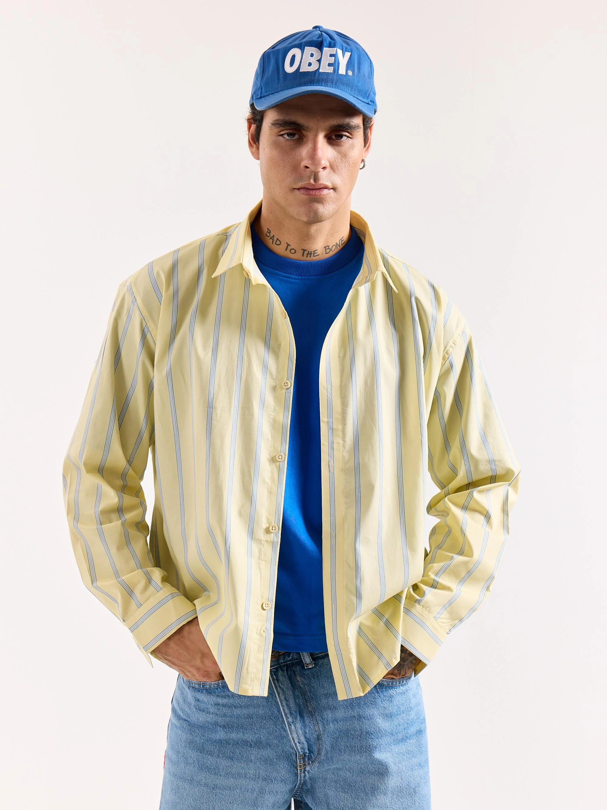 Butter Yellow & Blue Striped Poplin Oversized Shirt - Image 3