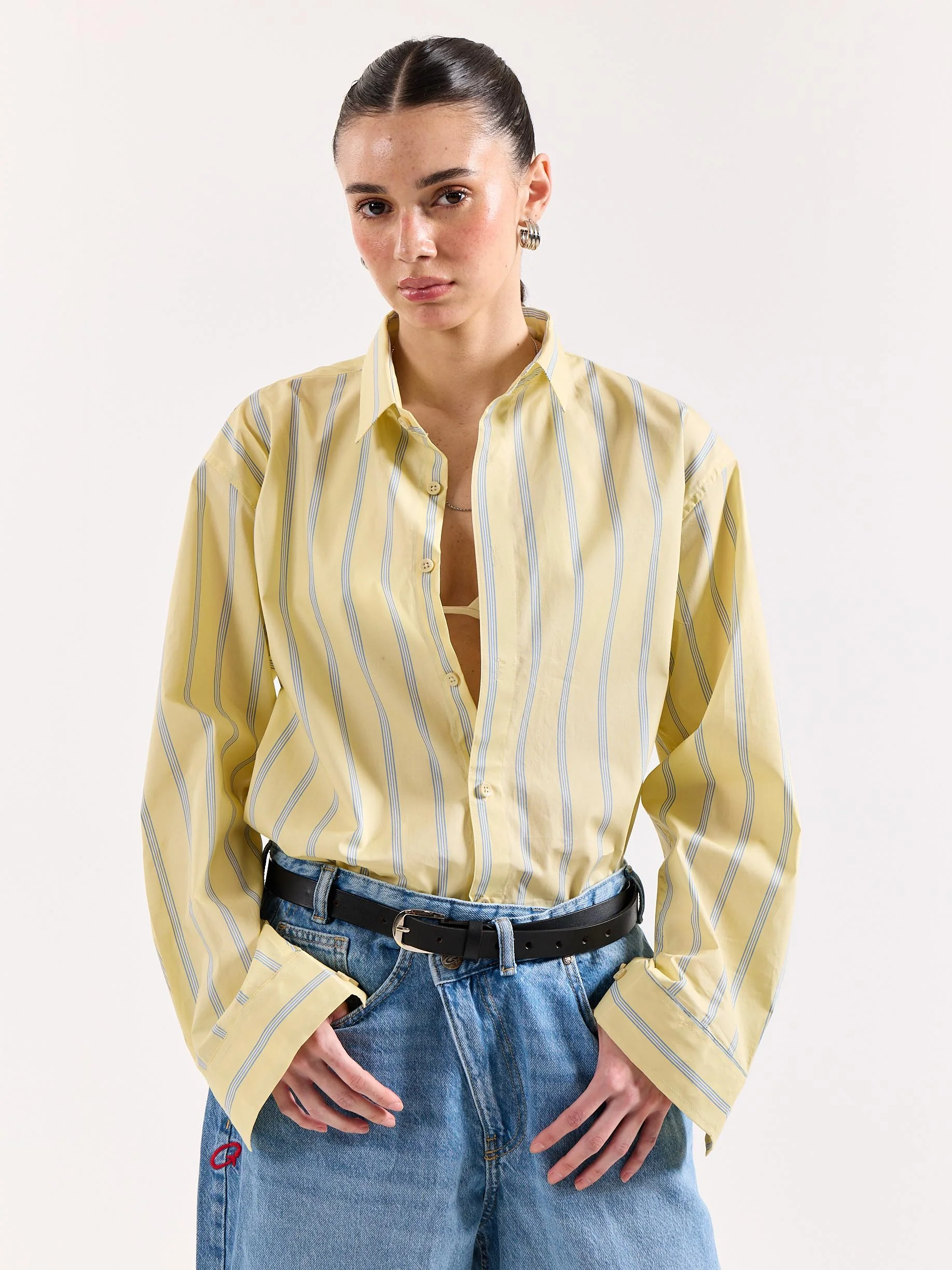 Butter Yellow & Blue Striped Poplin Oversized Shirt - Image 4
