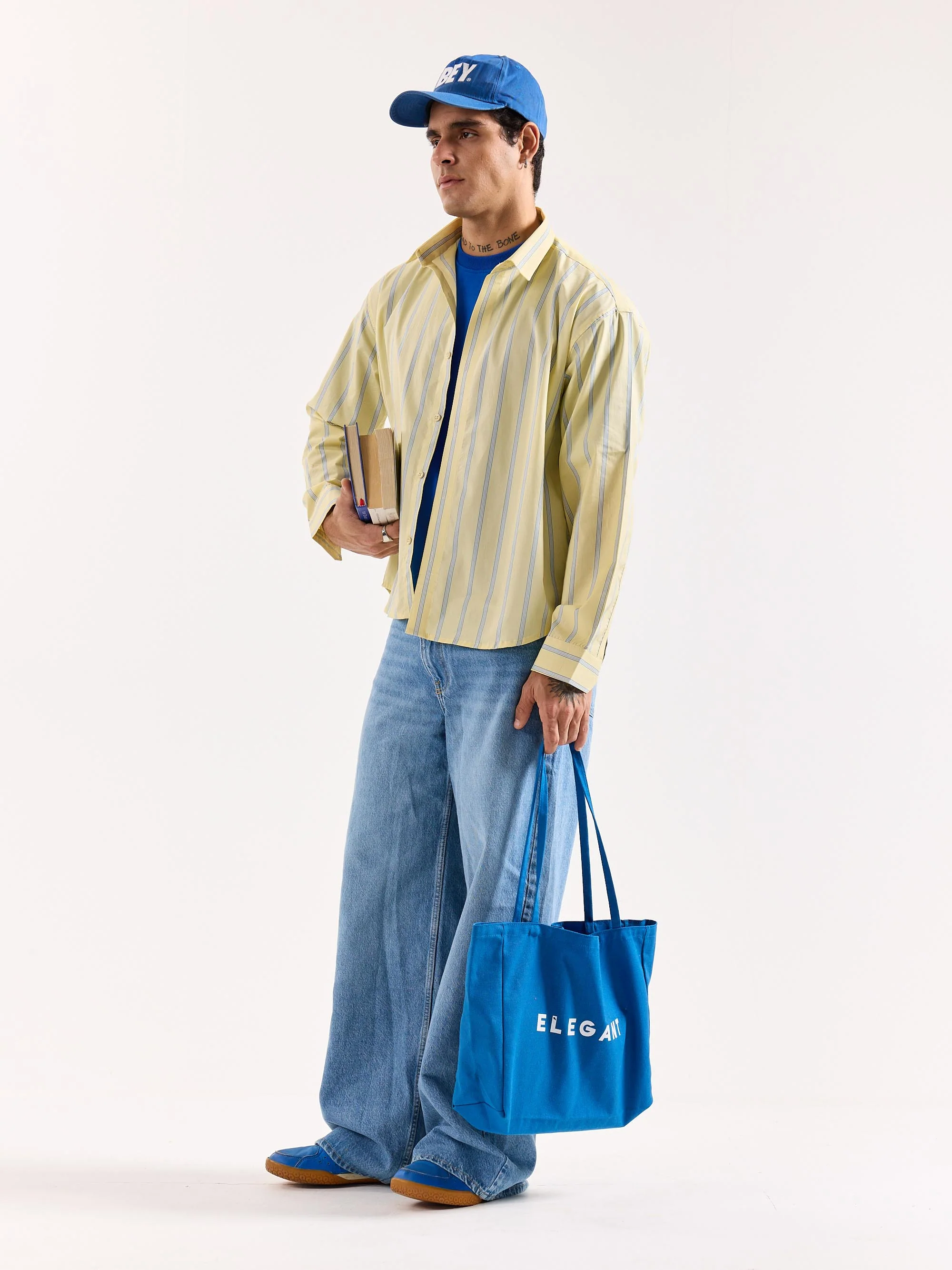Butter Yellow & Blue Striped Poplin Oversized Shirt - Image 6