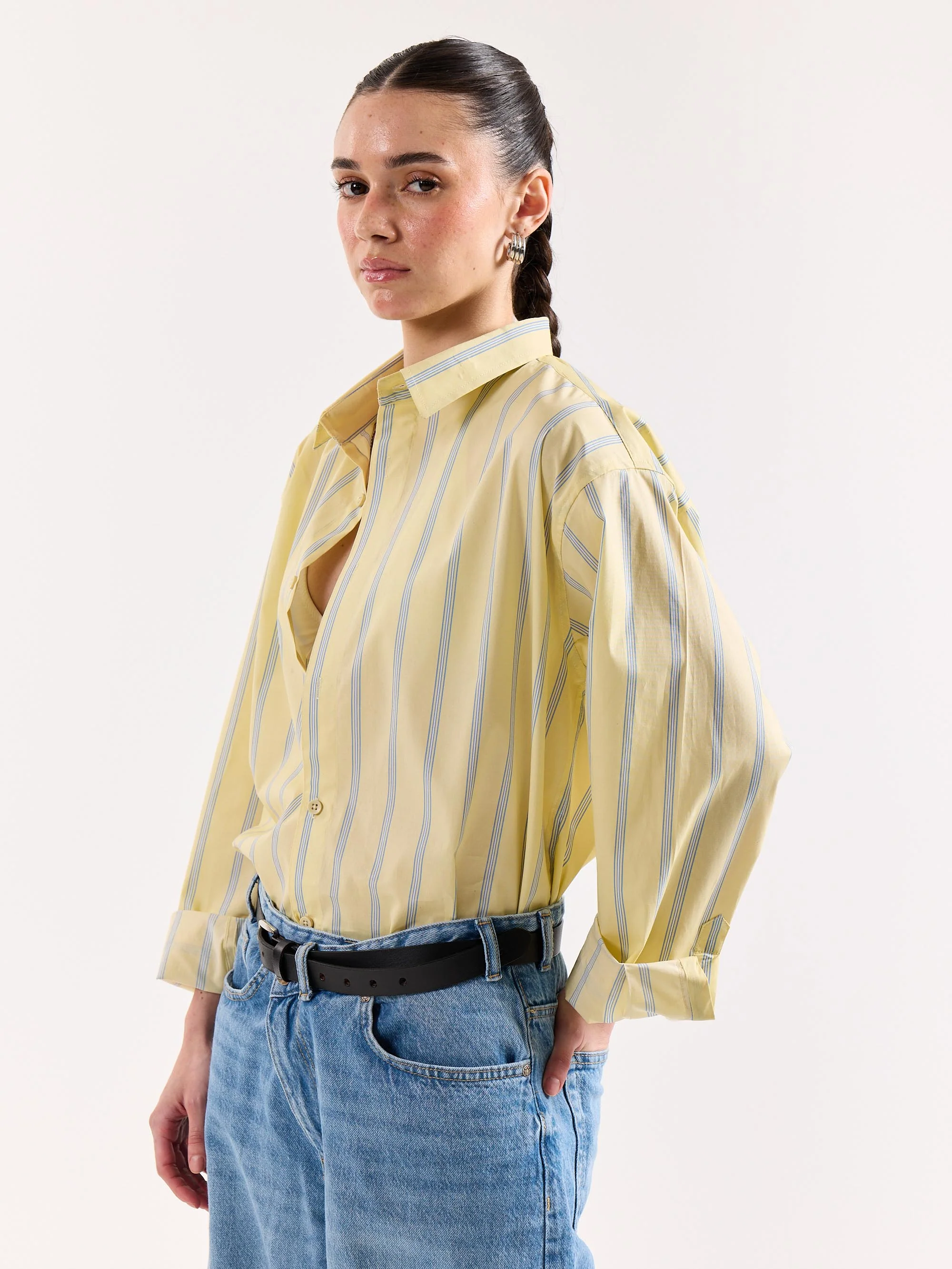 Butter Yellow & Blue Striped Poplin Oversized Shirt - Image 7
