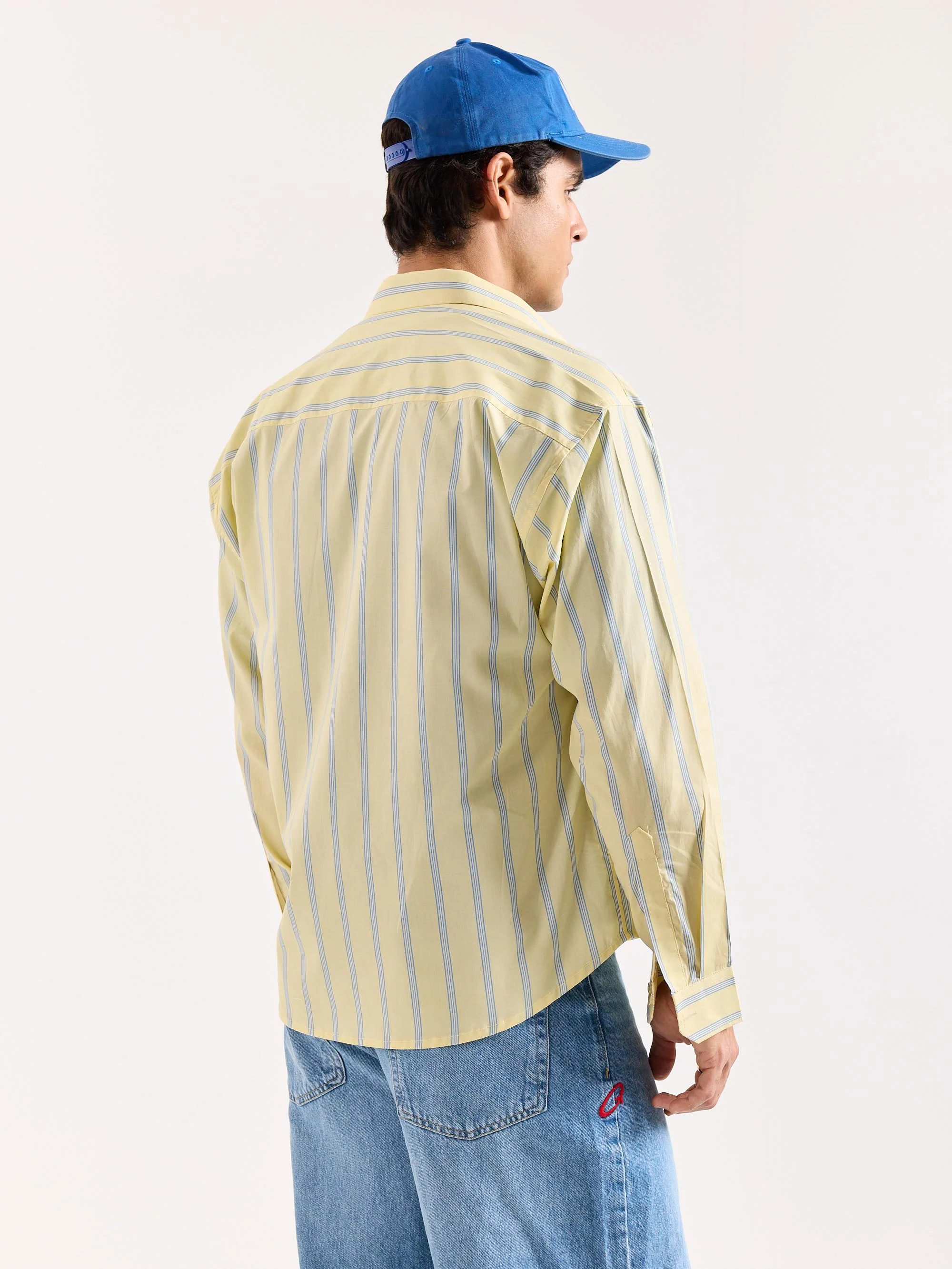 Butter Yellow & Blue Striped Poplin Oversized Shirt - Image 8