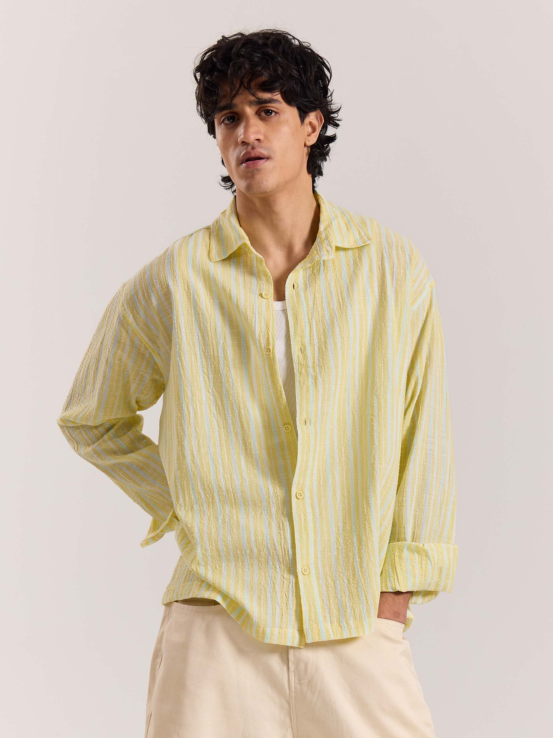 Butter Yellow & Blue Striped Seersucker Shirt - Image 2