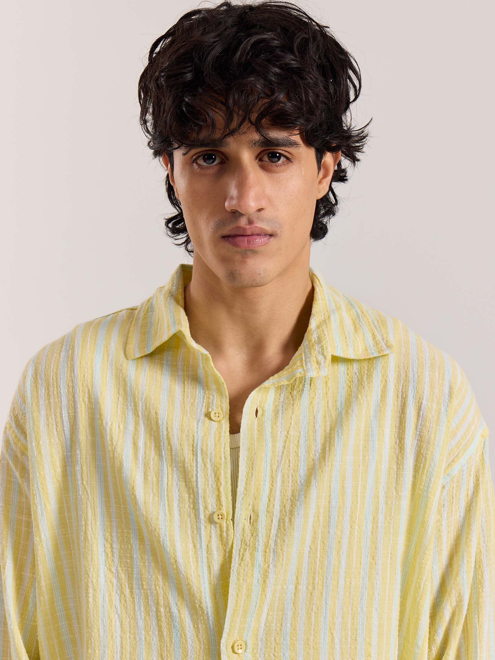 Butter Yellow & Blue Striped Seersucker Shirt - Image 3