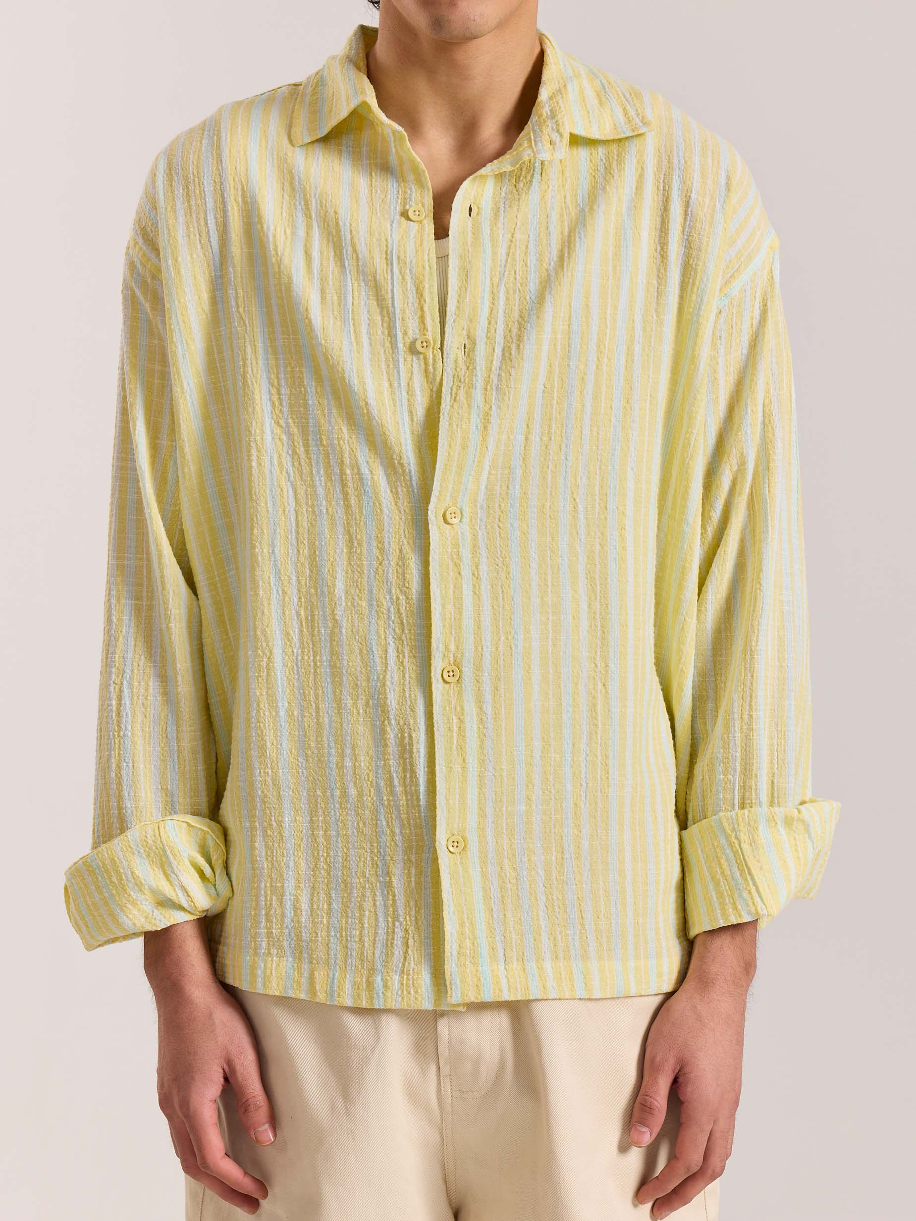 Butter Yellow & Blue Striped Seersucker Shirt - Image 4