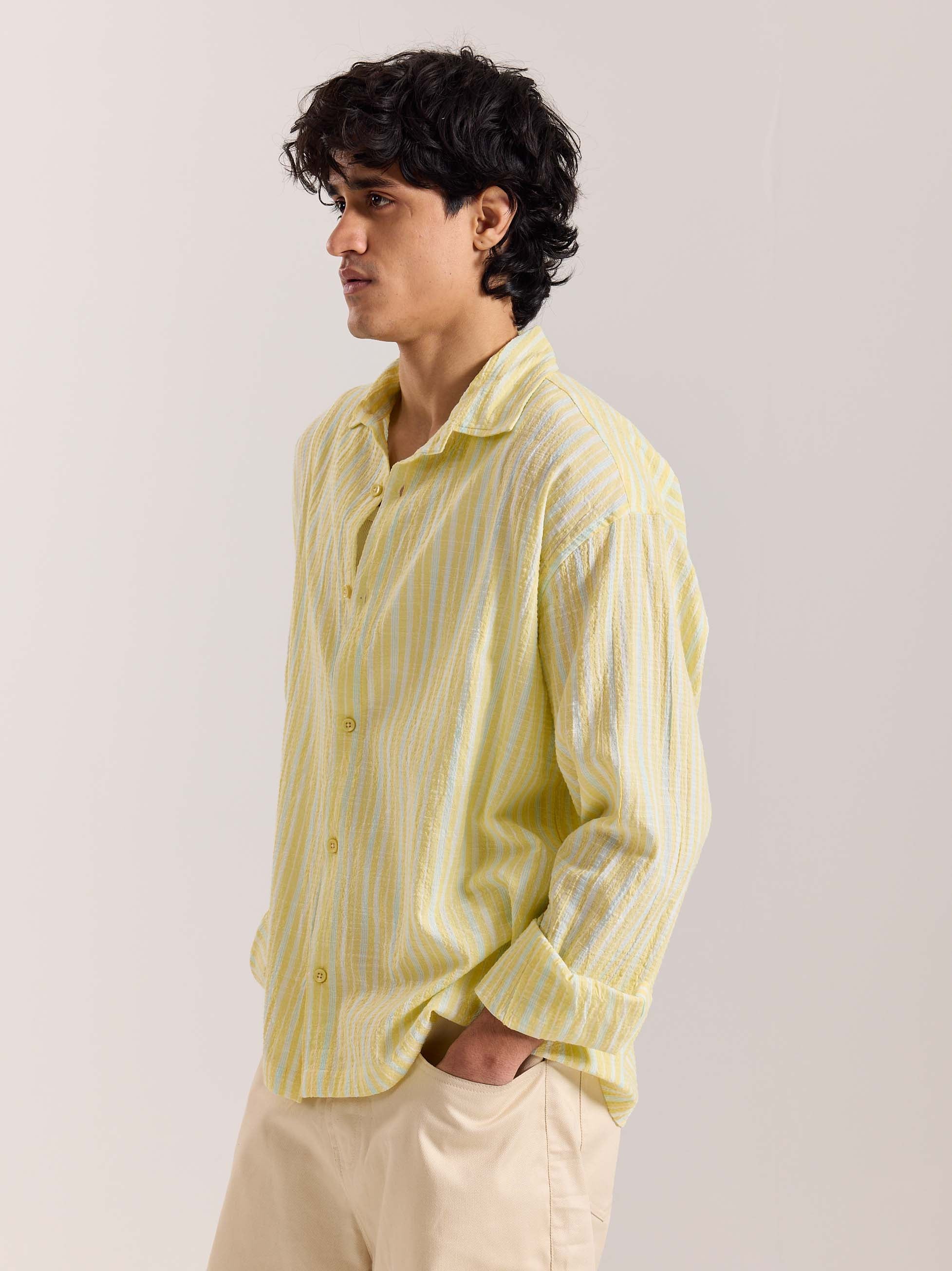 Butter Yellow & Blue Striped Seersucker Shirt - Image 5