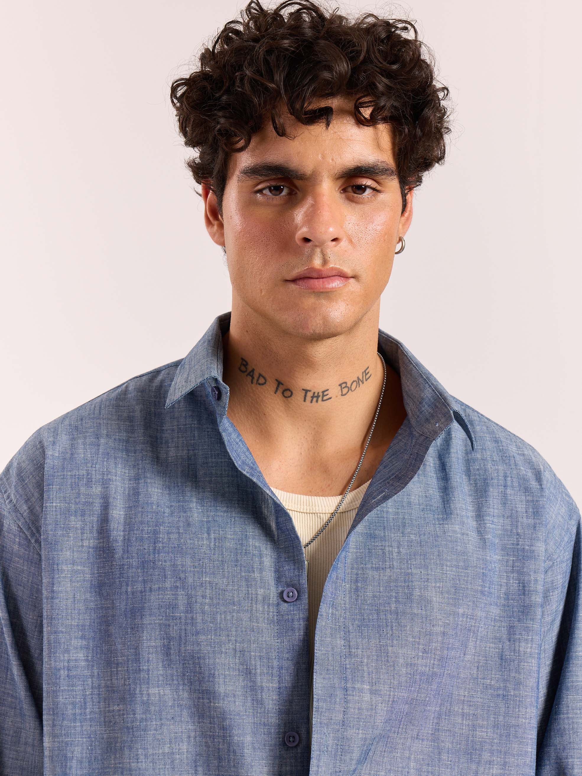 Chambray Blue Linen Cropped Shirt - Image 6