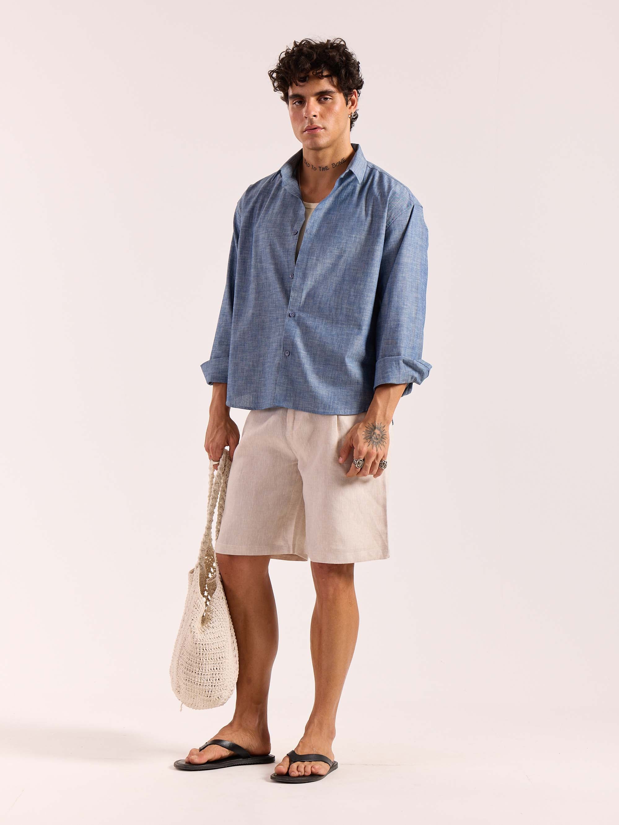 Chambray Blue Linen Cropped Shirt - Image 7