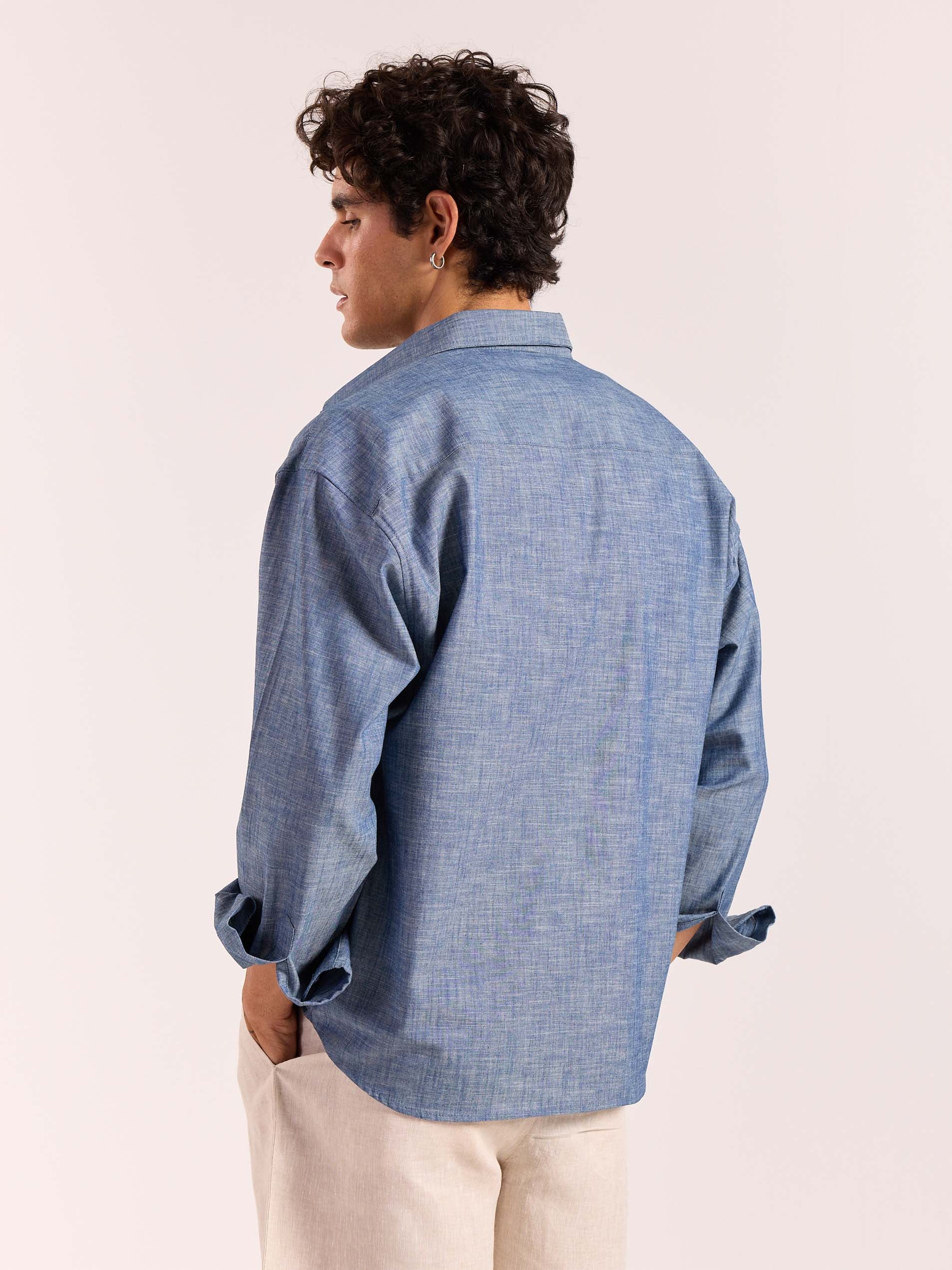 Chambray Blue Linen Cropped Shirt - Image 8