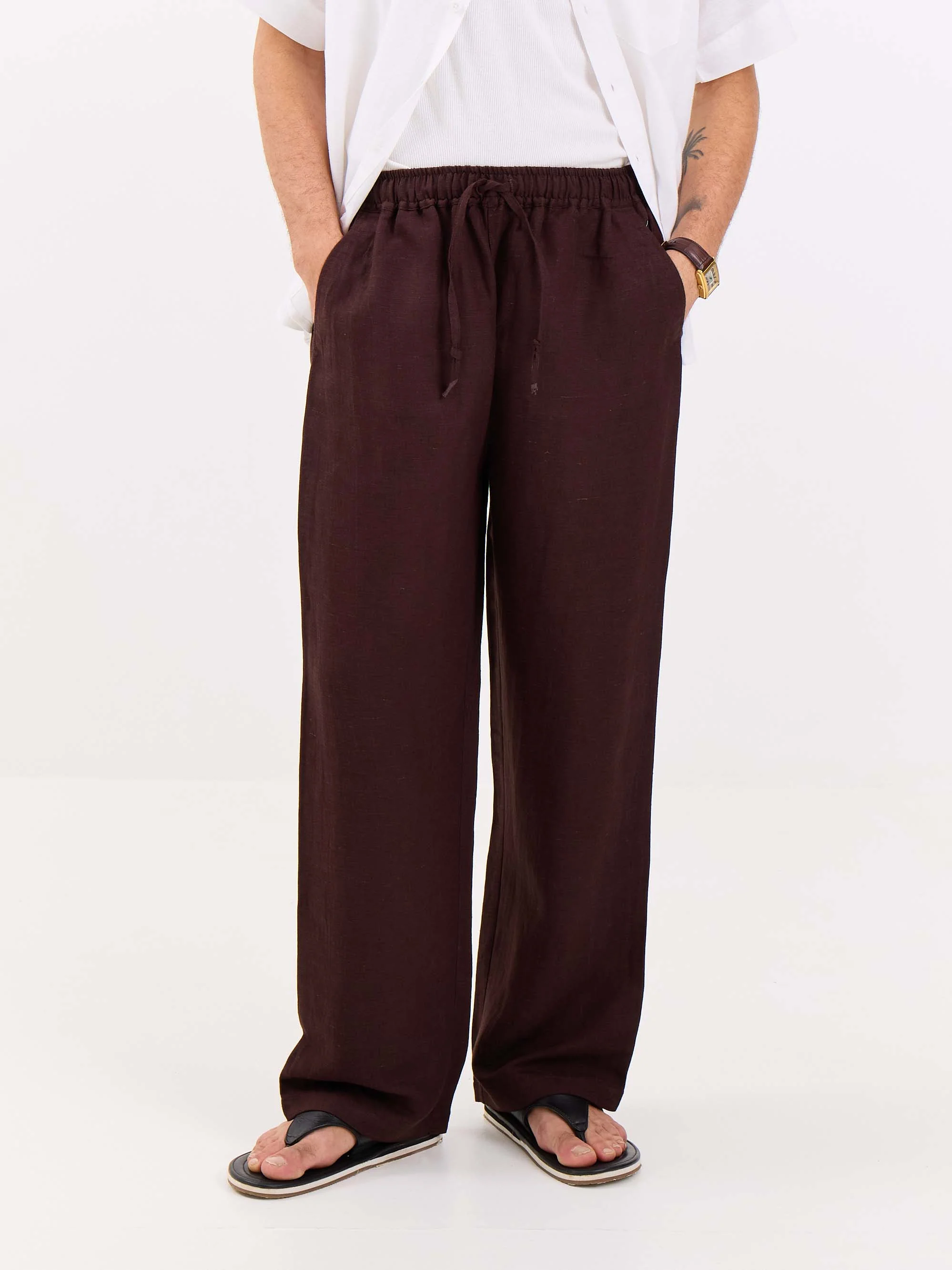 Coffee Brown Linen Pull-on Pants - Image 2