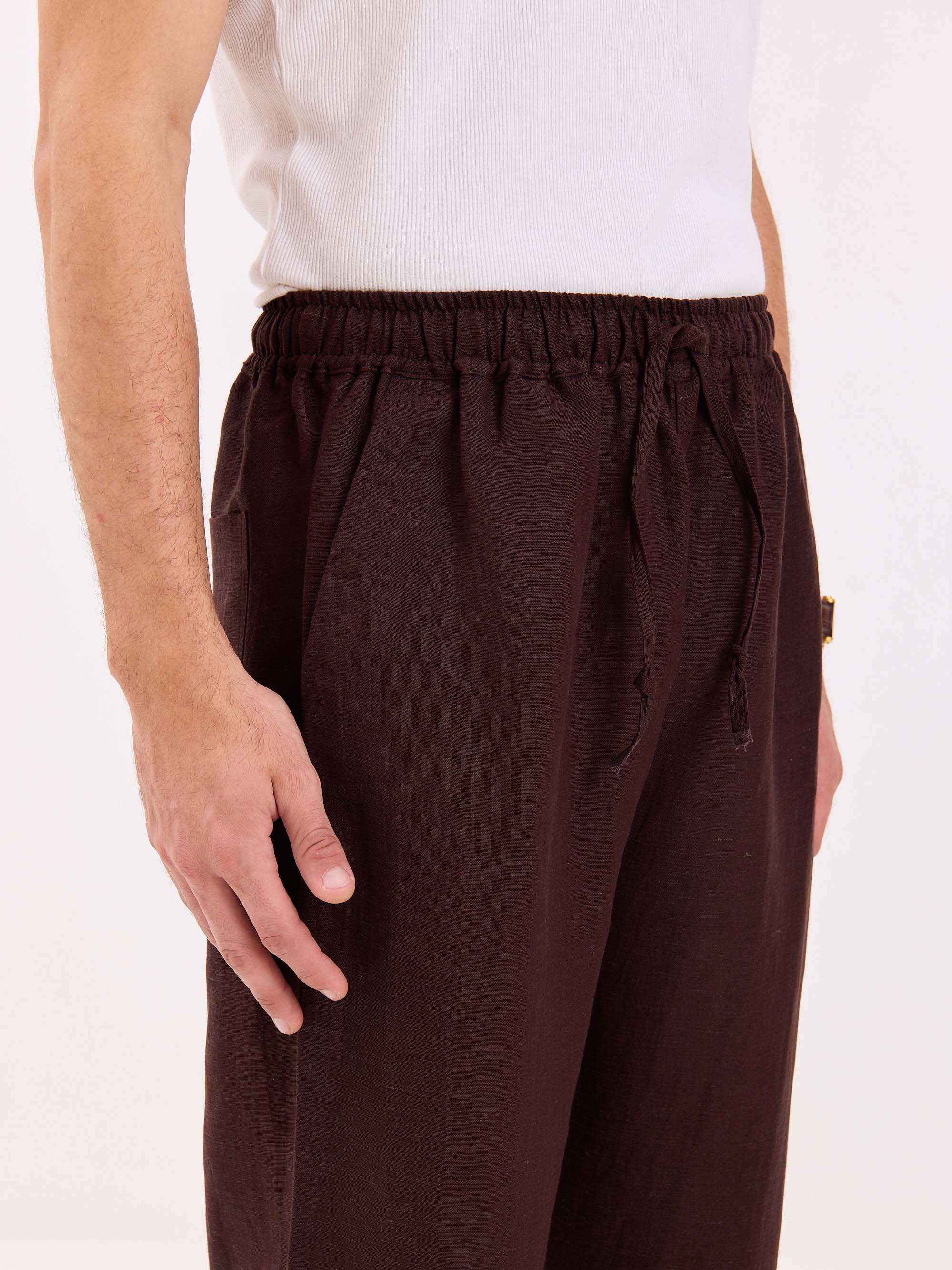 Coffee Brown Linen Pull-on Pants - Image 3