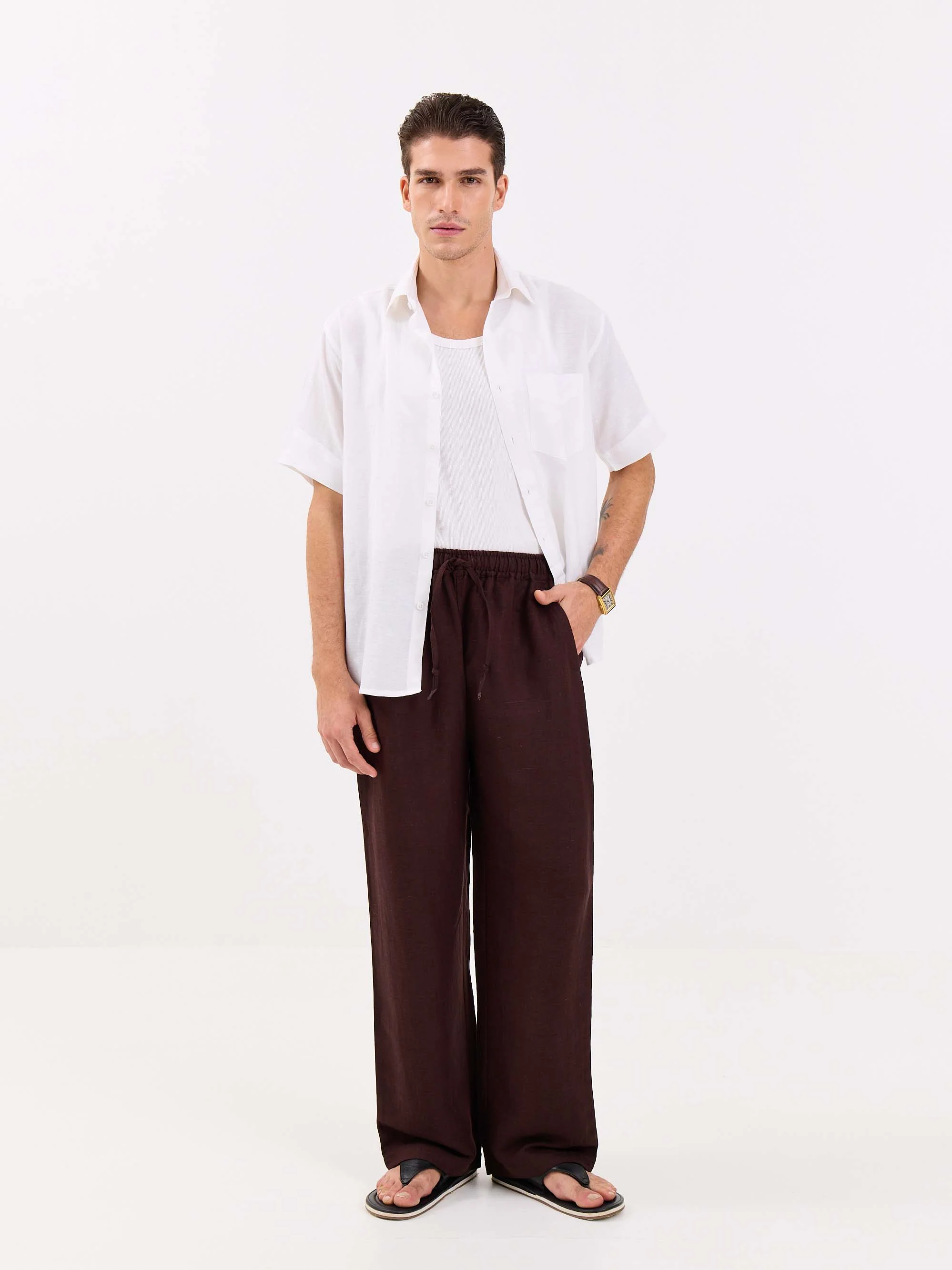 Coffee Brown Linen Pull-on Pants - Image 4