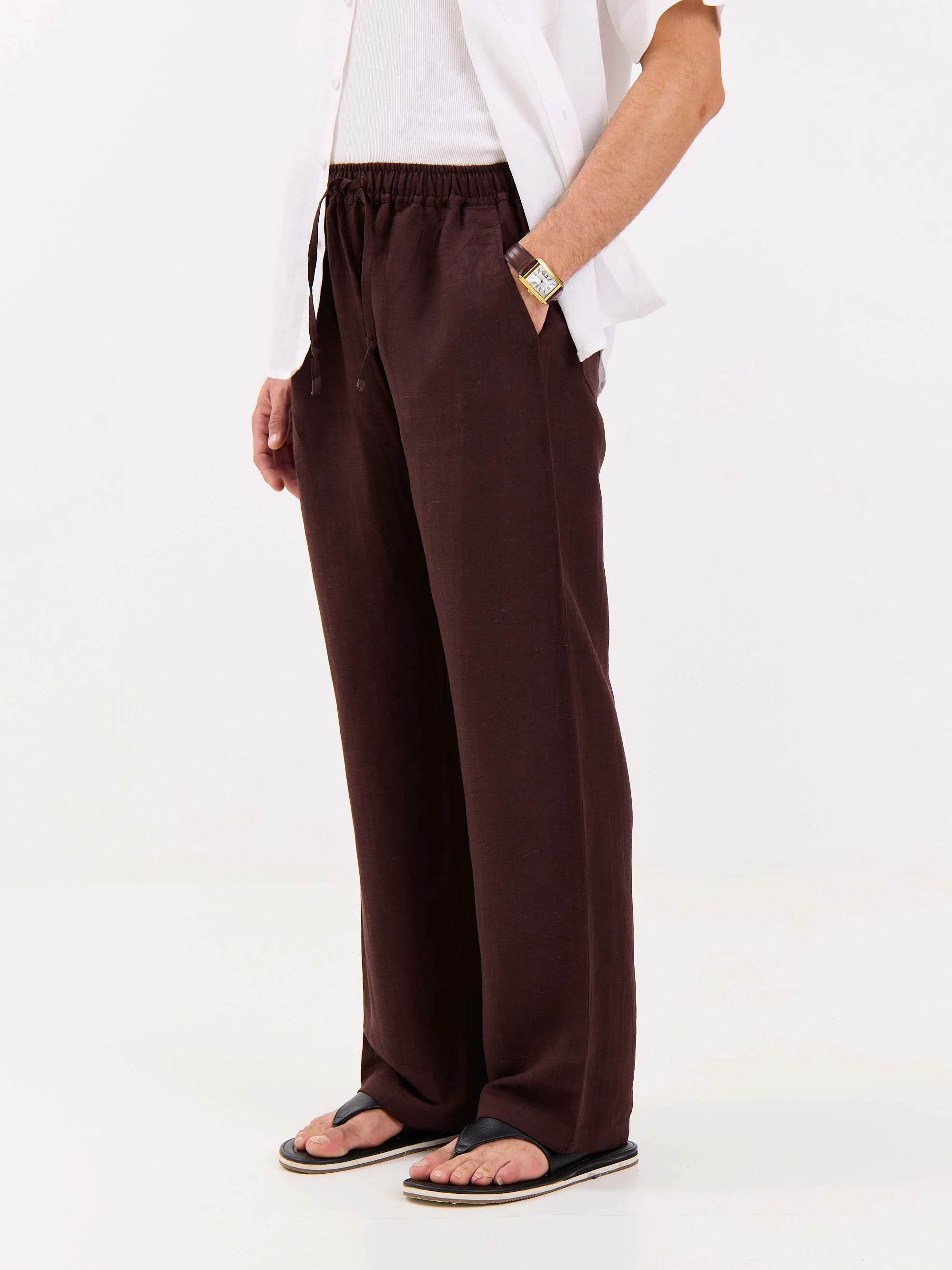Coffee Brown Linen Pull-on Pants - Image 5