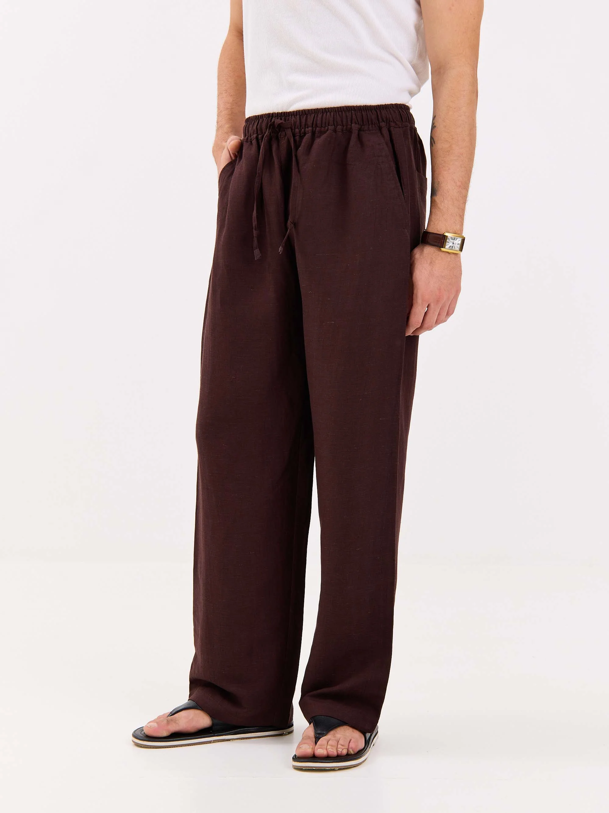 Coffee Brown Linen Pull-on Pants - Image 7