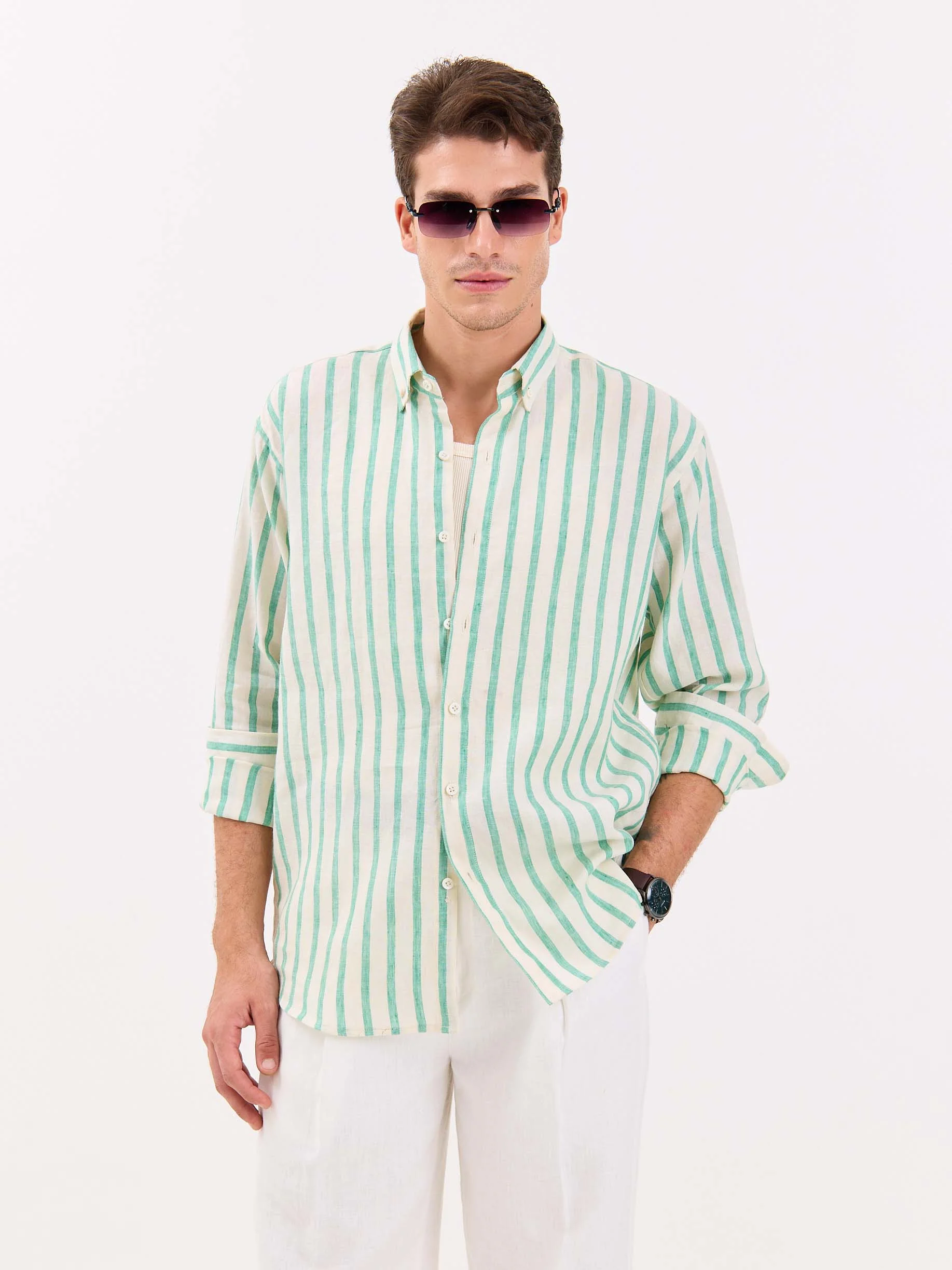 Cream & Green Striped Irish Linen Shirt - Image 2