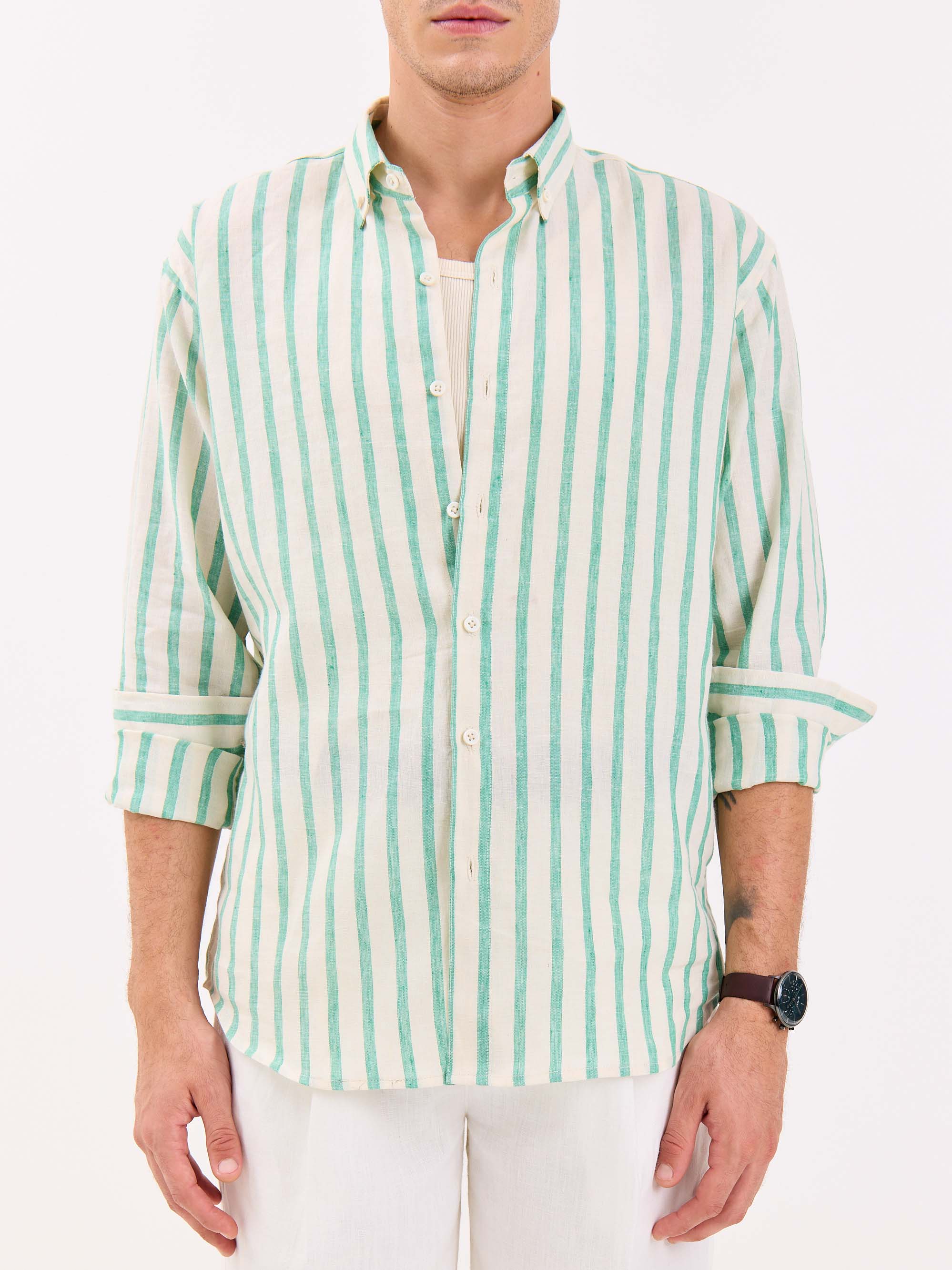 Cream & Green Striped Irish Linen Shirt - Image 3