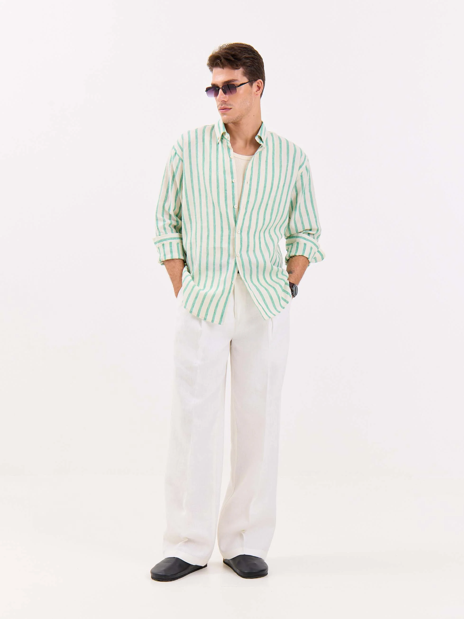 Cream & Green Striped Irish Linen Shirt - Image 4