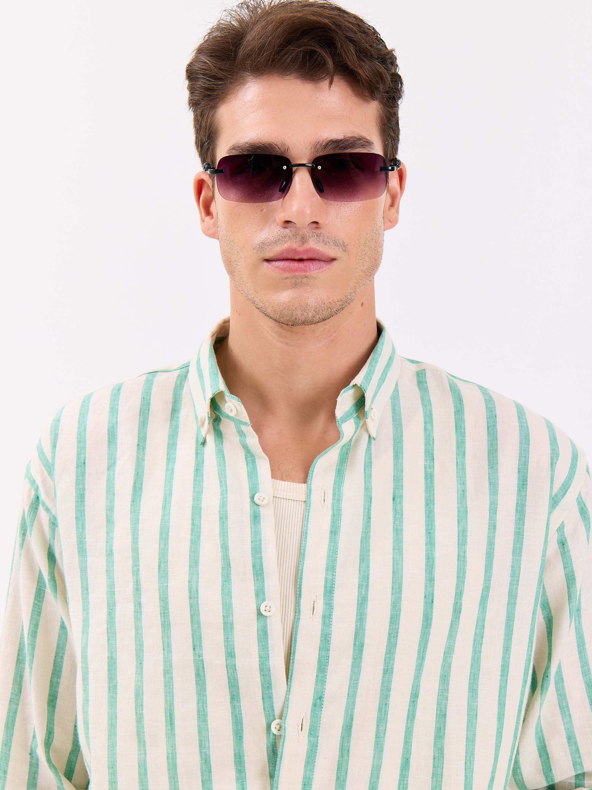 Cream & Green Striped Irish Linen Shirt - Image 5
