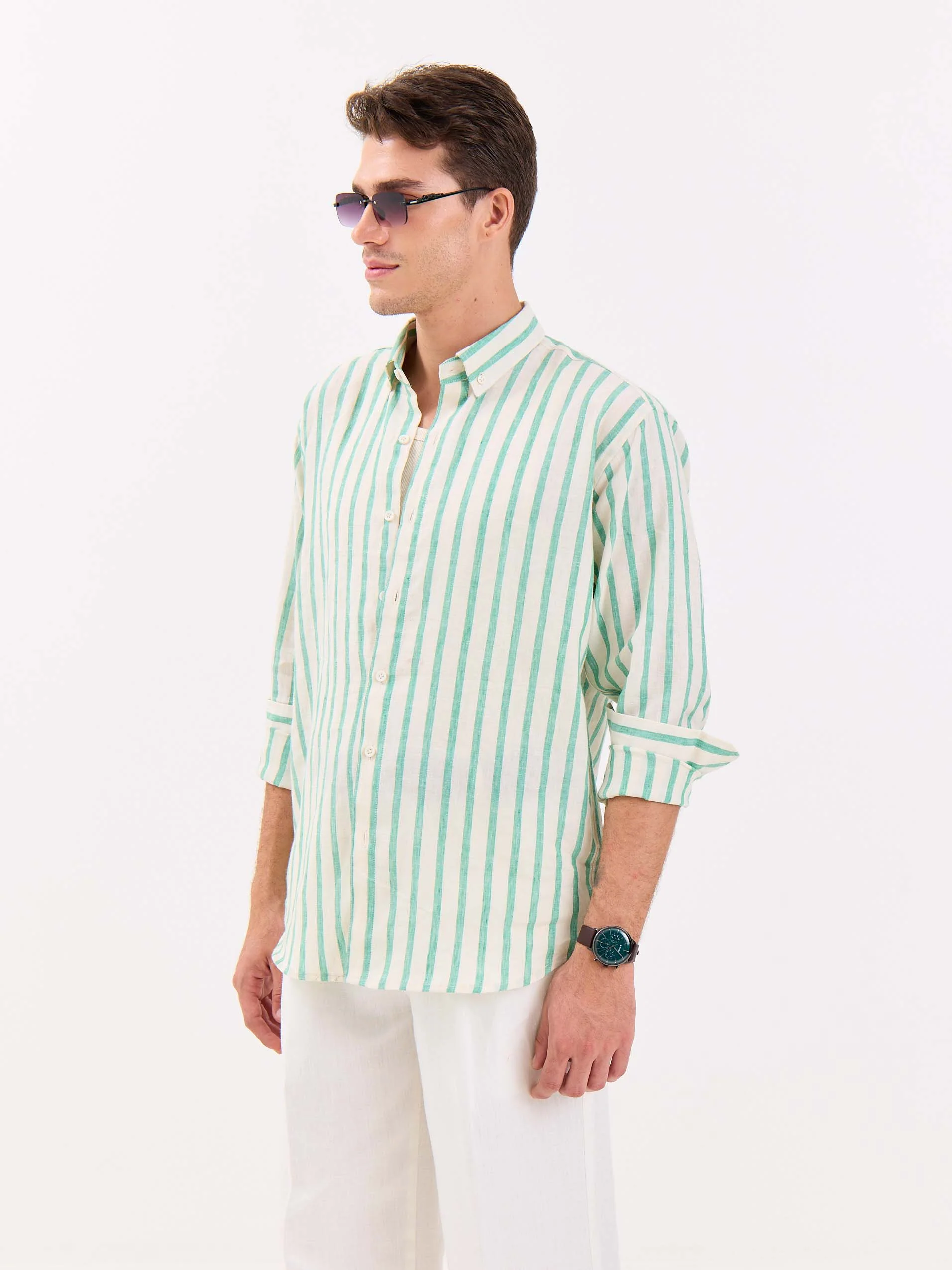 Cream & Green Striped Irish Linen Shirt - Image 6