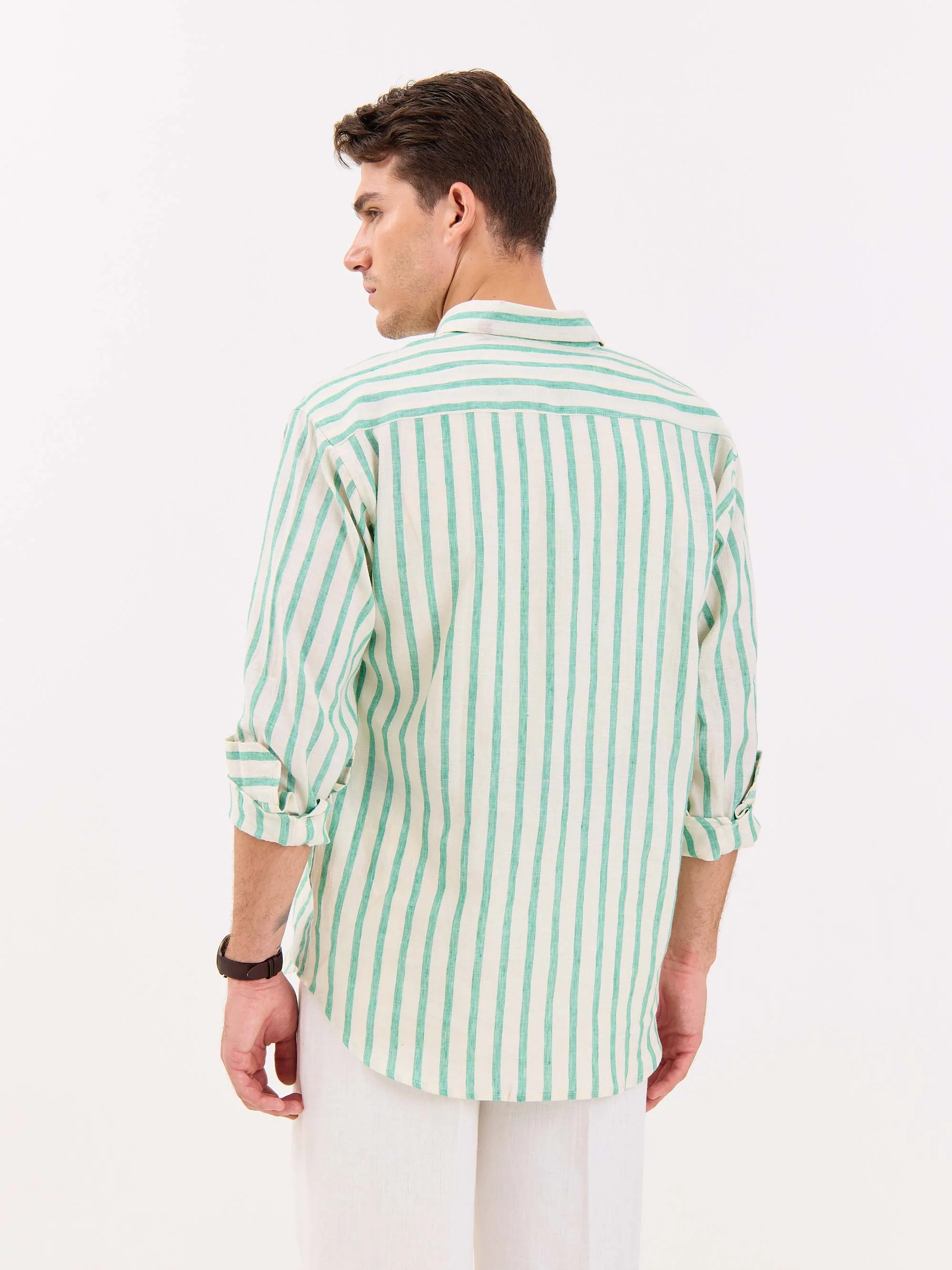 Cream & Green Striped Irish Linen Shirt - Image 7